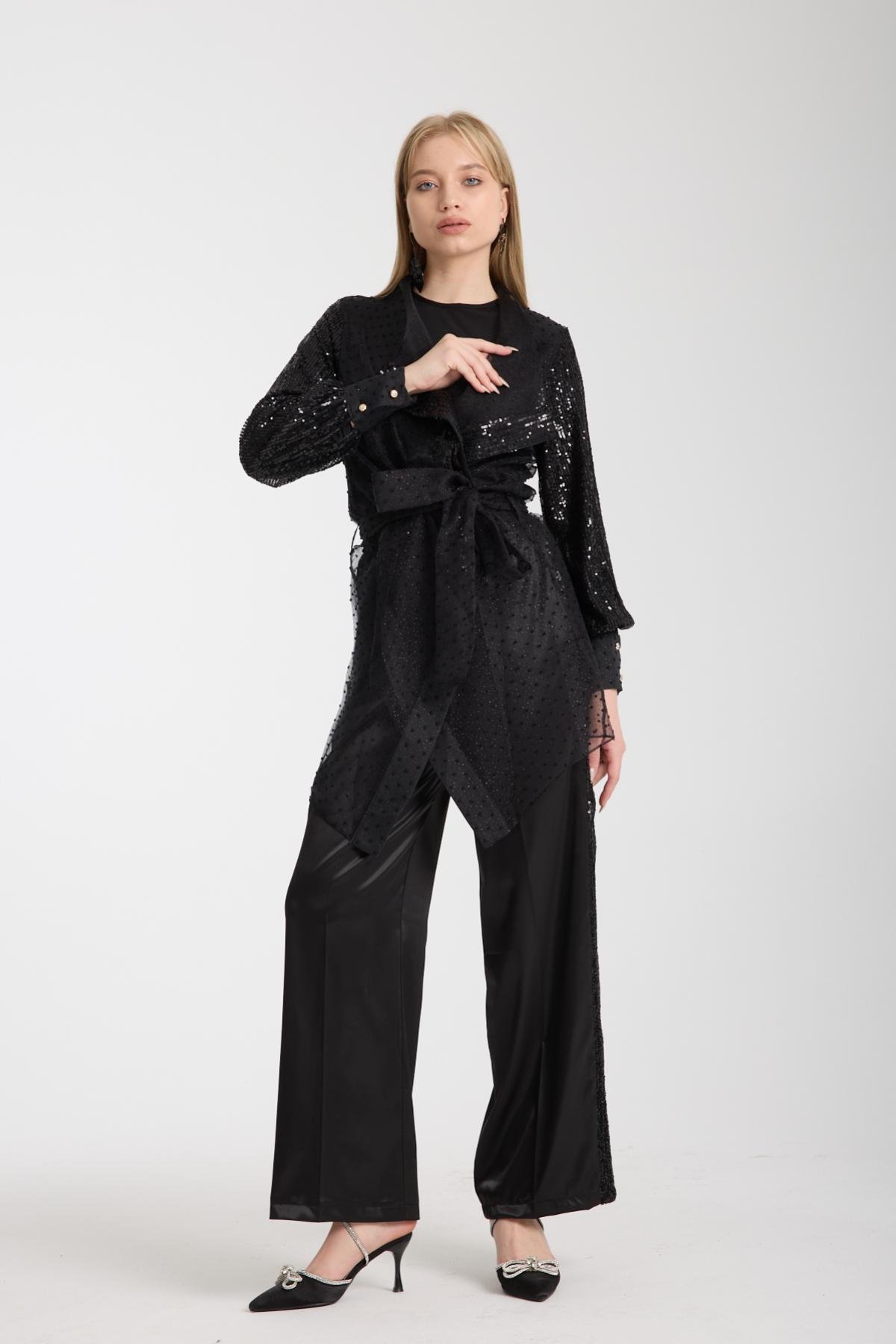 Wholesale Women Black Sequined Three-Piece Set - Pom-pom Jacket, Sandy Top and Satin Trousers 733398