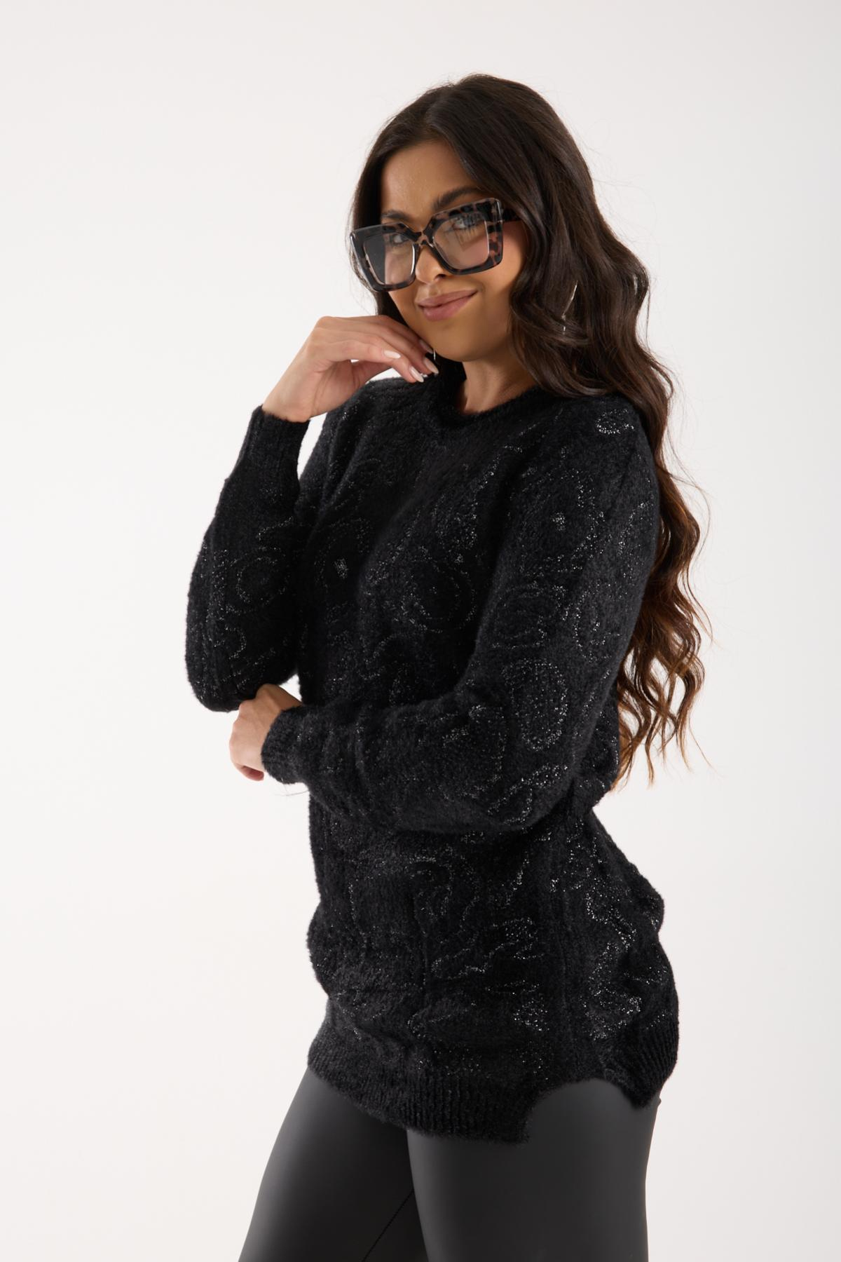 Wholesale Women Black-Silver Lurex Crew-Neck Knit Blouse with Side Slits 738853