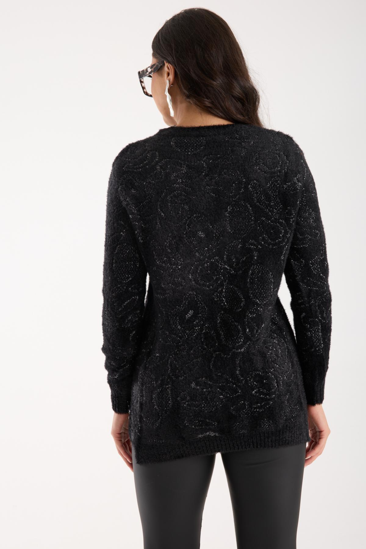 Wholesale Women Black-Silver Lurex Crew-Neck Knit Blouse with Side Slits 738853