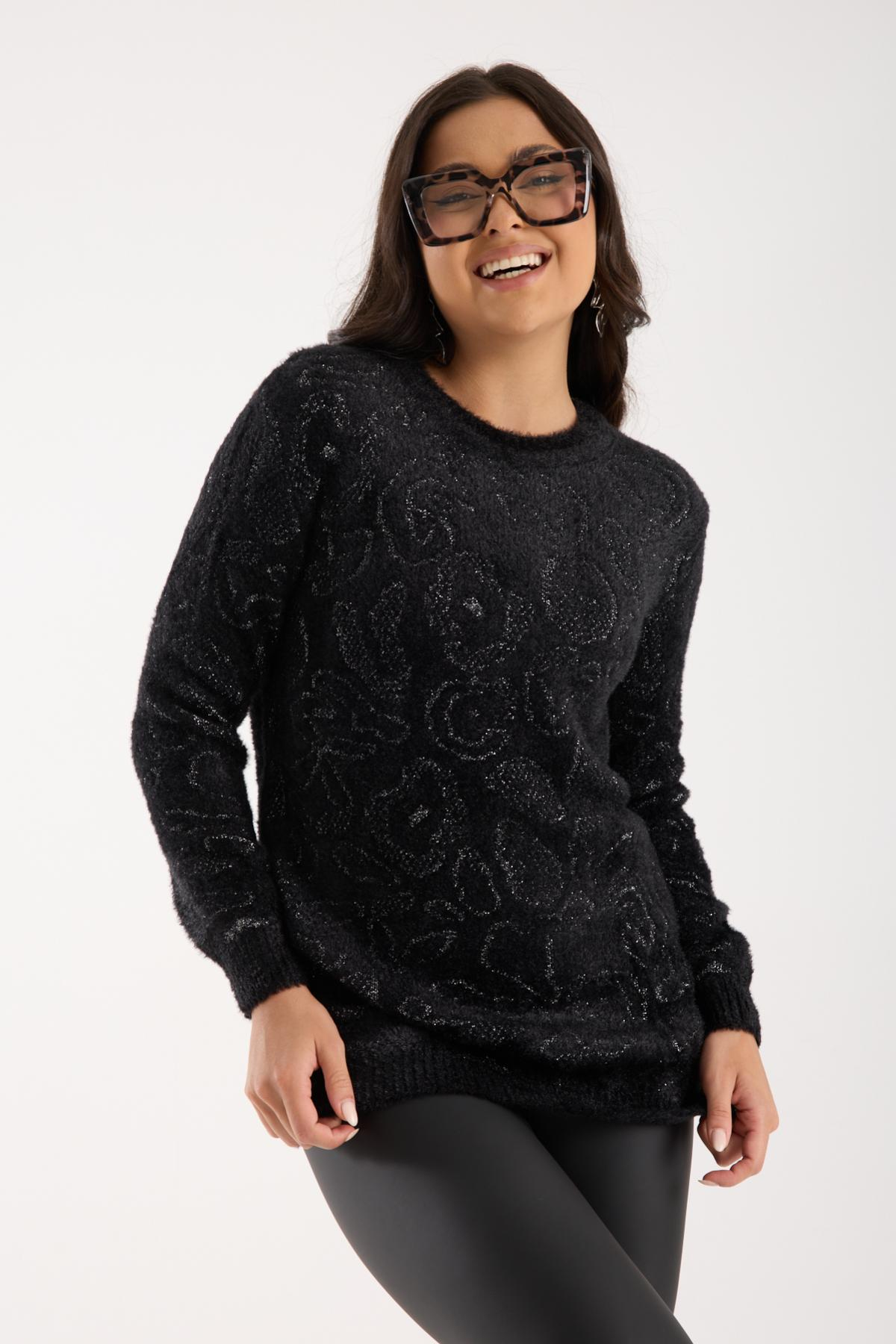 Wholesale Women Black-Silver Lurex Crew-Neck Knit Blouse with Side Slits 738853