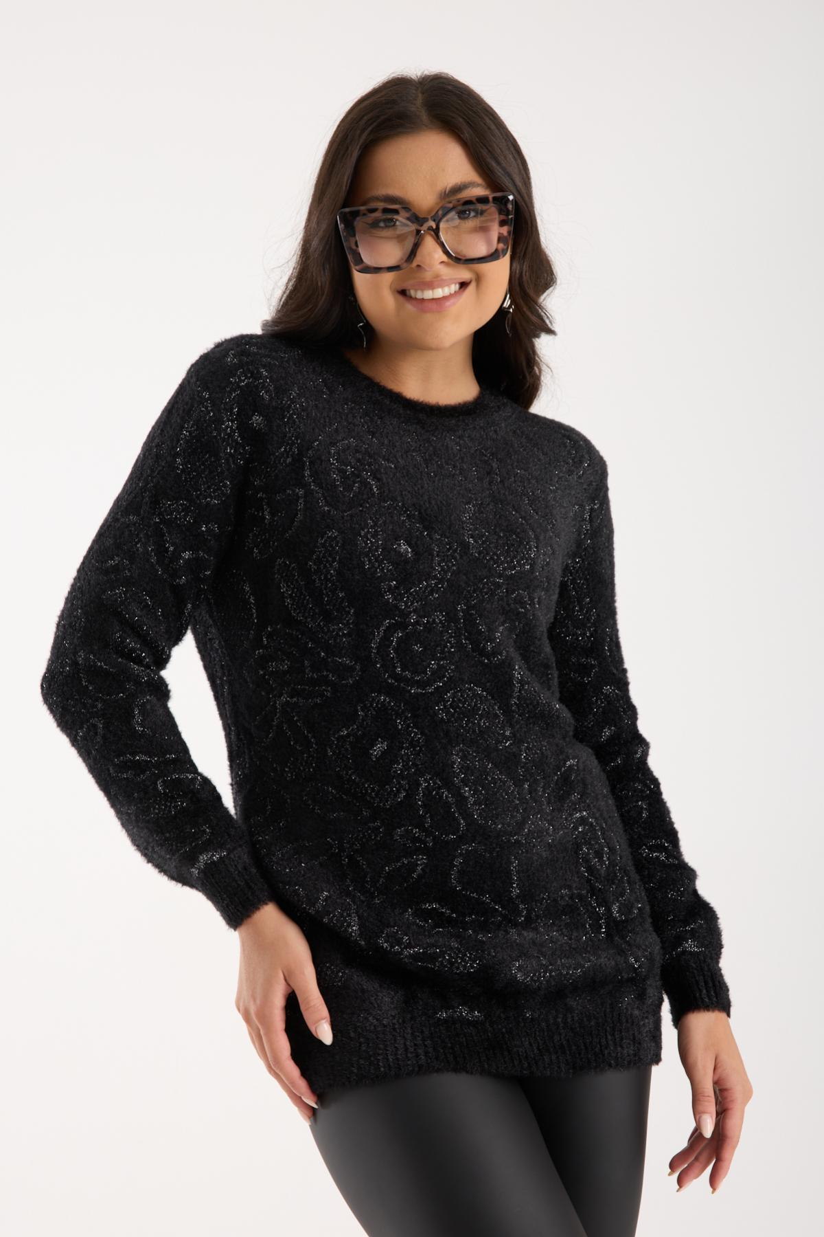 Wholesale Women Black-Silver Lurex Crew-Neck Knit Blouse with Side Slits 738853
