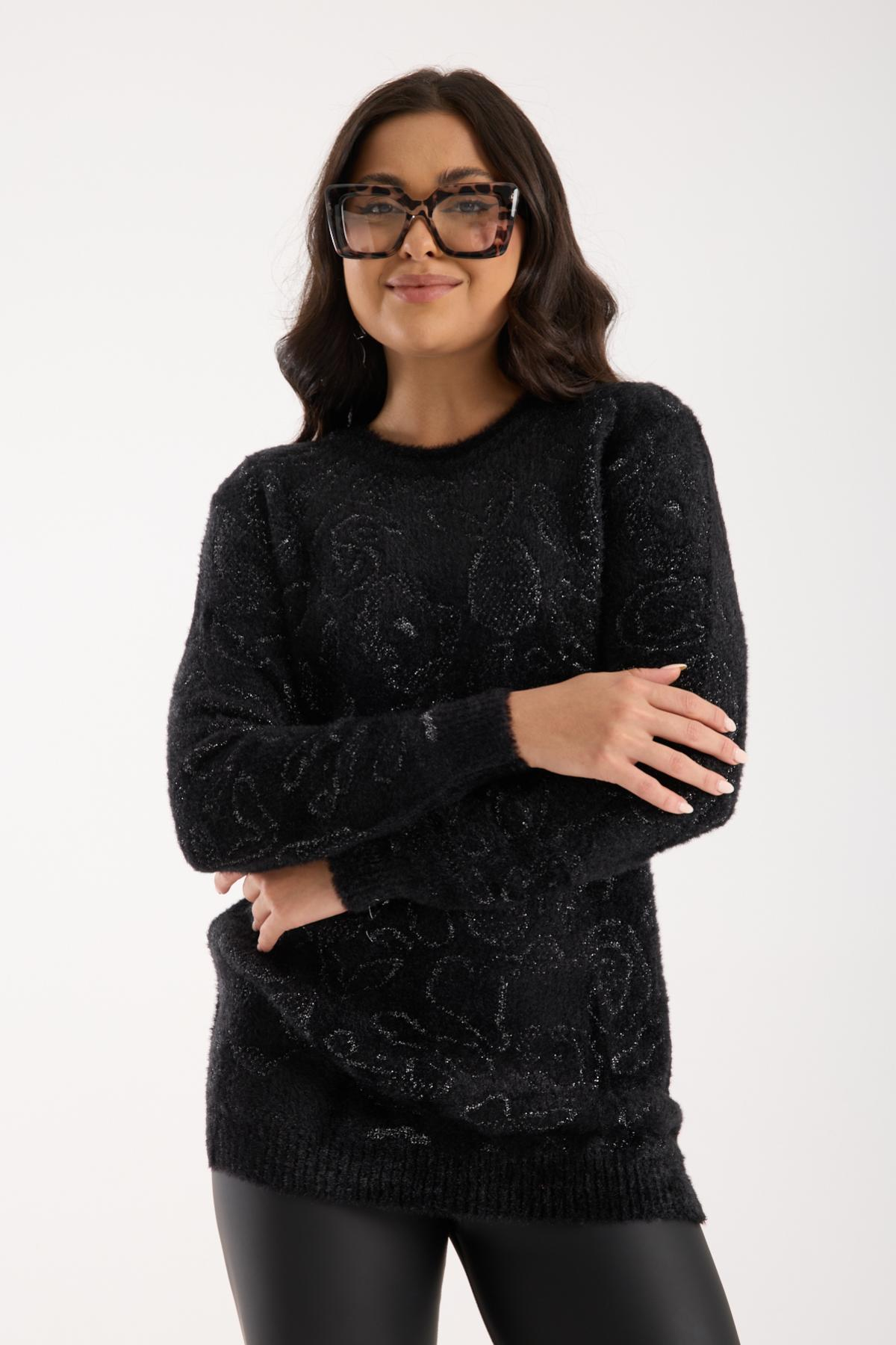 Wholesale Women Black-Silver Lurex Crew-Neck Knit Blouse with Side Slits 738853