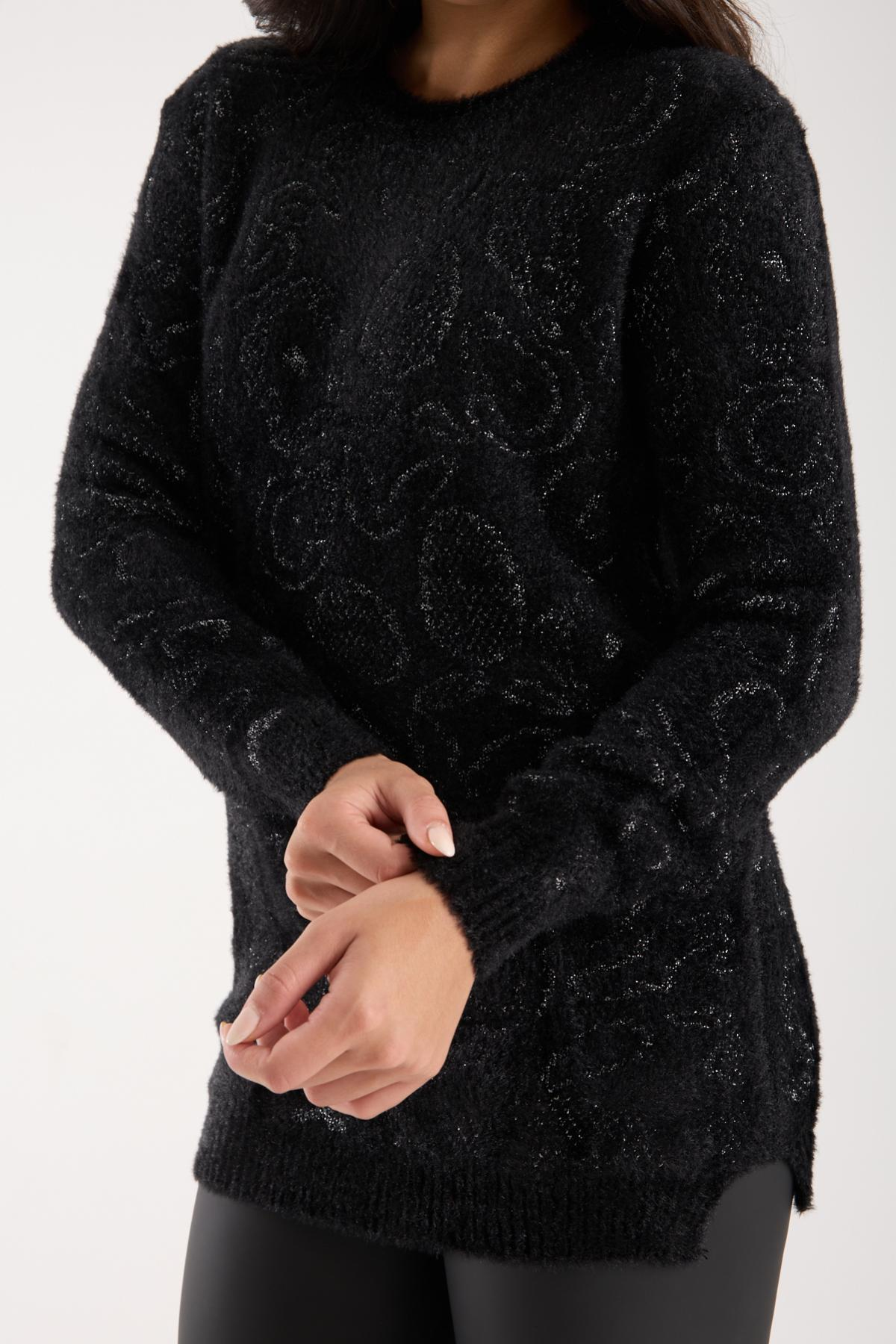 Wholesale Women Black-Silver Lurex Crew-Neck Knit Blouse with Side Slits 738853