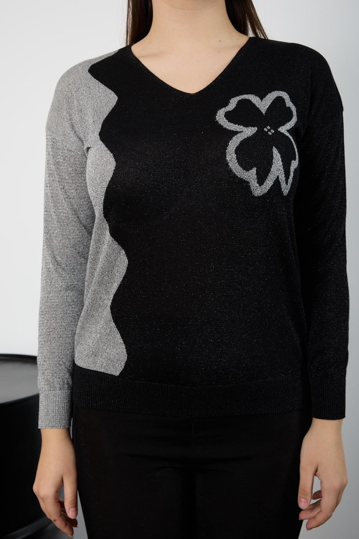 Wholesale Women Black-Silver Two Tone Glittery V-Neck Knit Blouse 725234