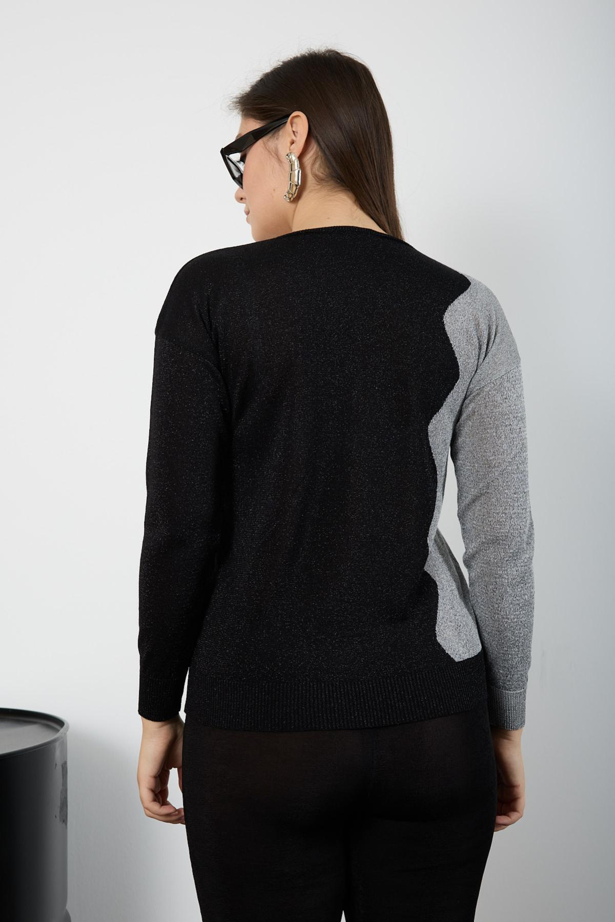 Wholesale Women Black-Silver Two Tone Glittery V-Neck Knit Blouse 725234