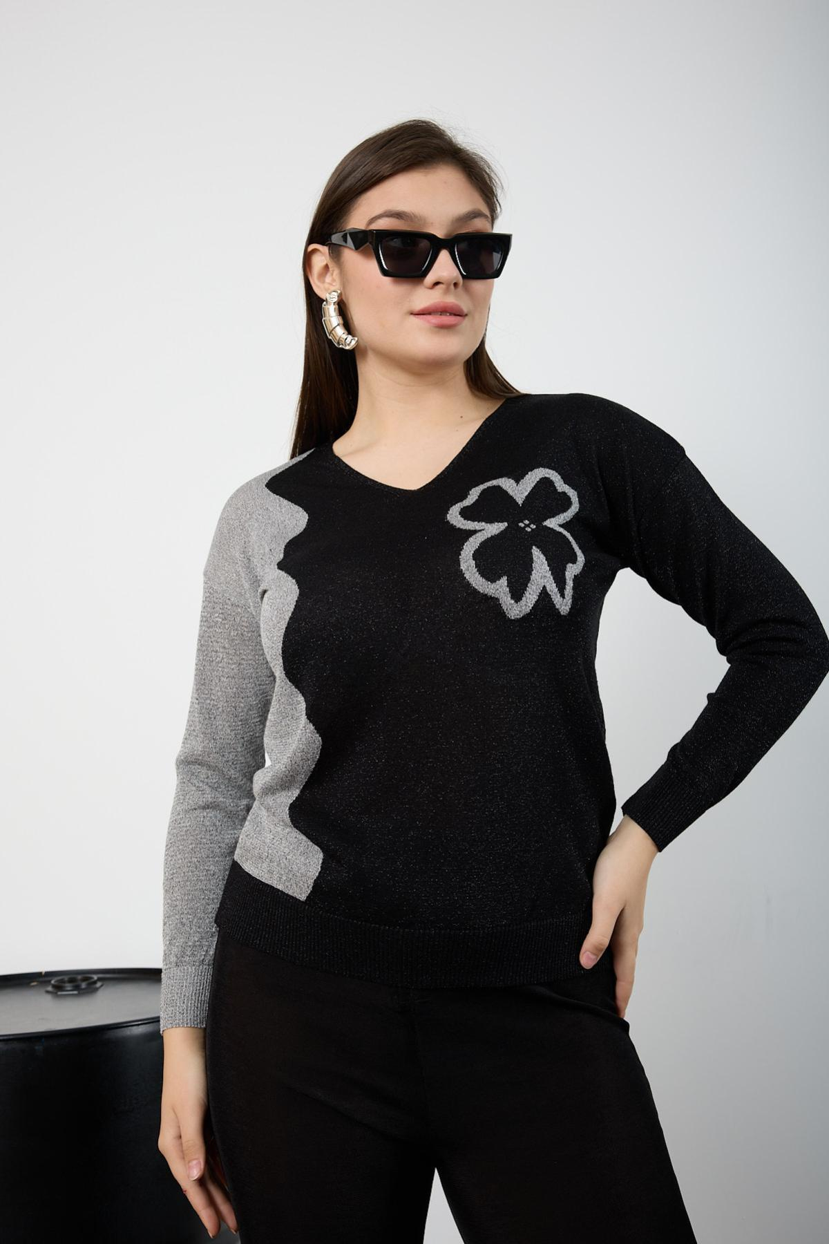 Wholesale Women Black-Silver Two Tone Glittery V-Neck Knit Blouse 725234