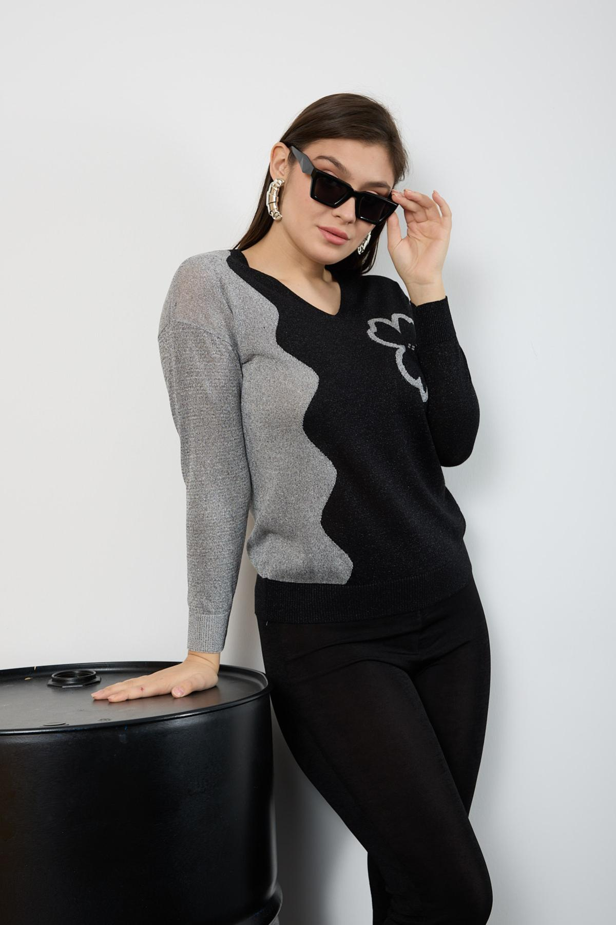 Wholesale Women Black-Silver Two Tone Glittery V-Neck Knit Blouse 725234