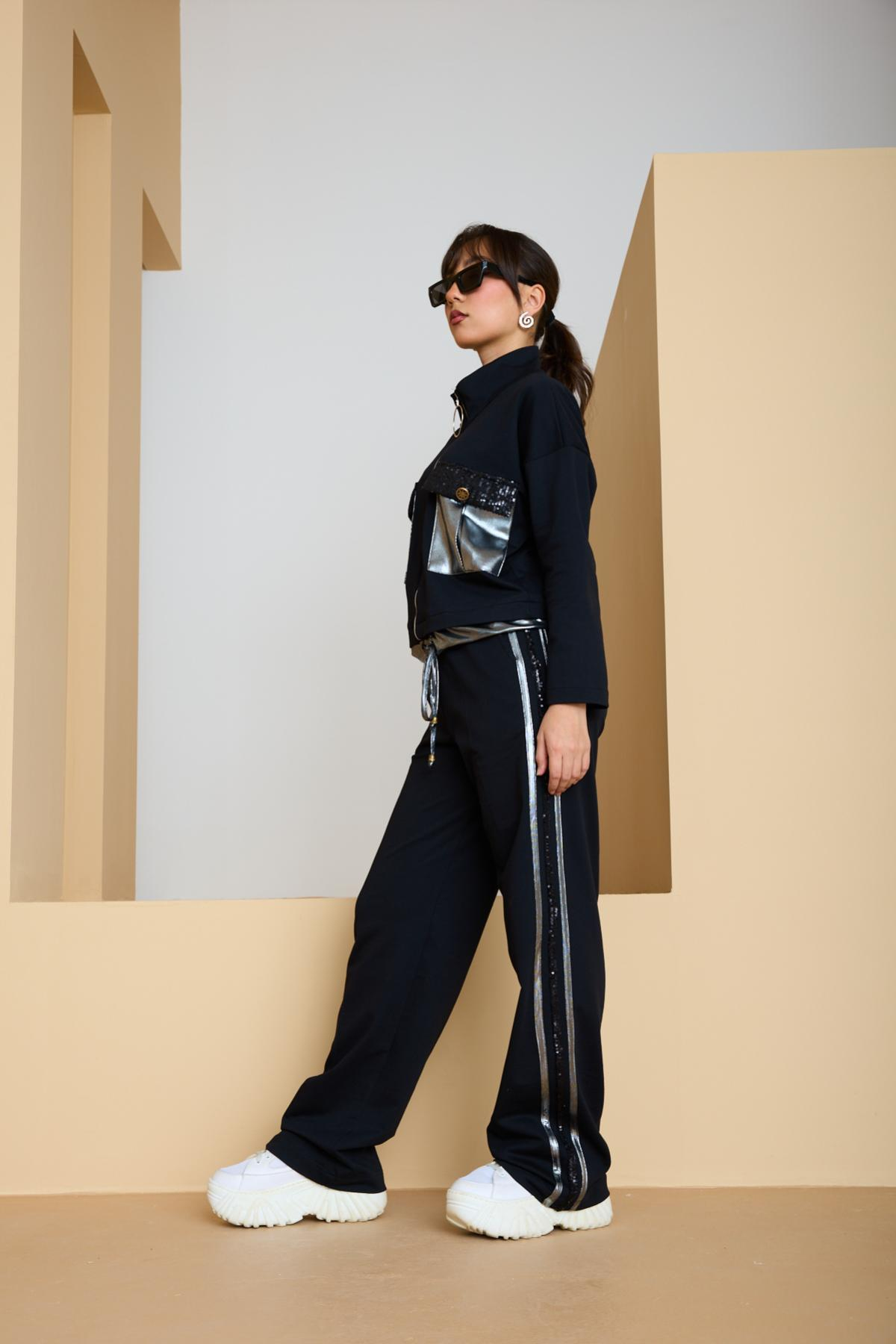 Wholesale Women Black-Silver Zip Up Cropped Jacket and Side Stripes Pants Set 729239