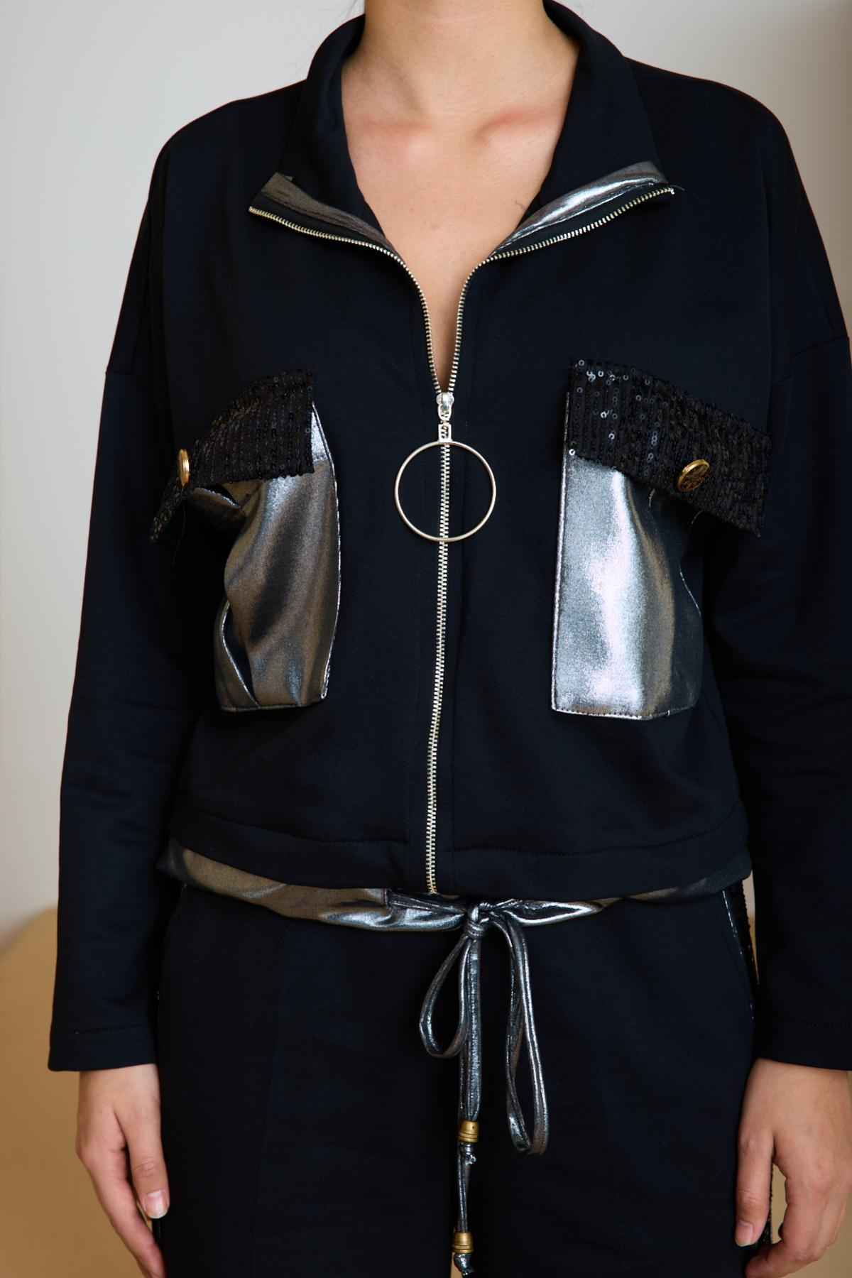 Wholesale Women Black-Silver Zip Up Cropped Jacket and Side Stripes Pants Set 729239