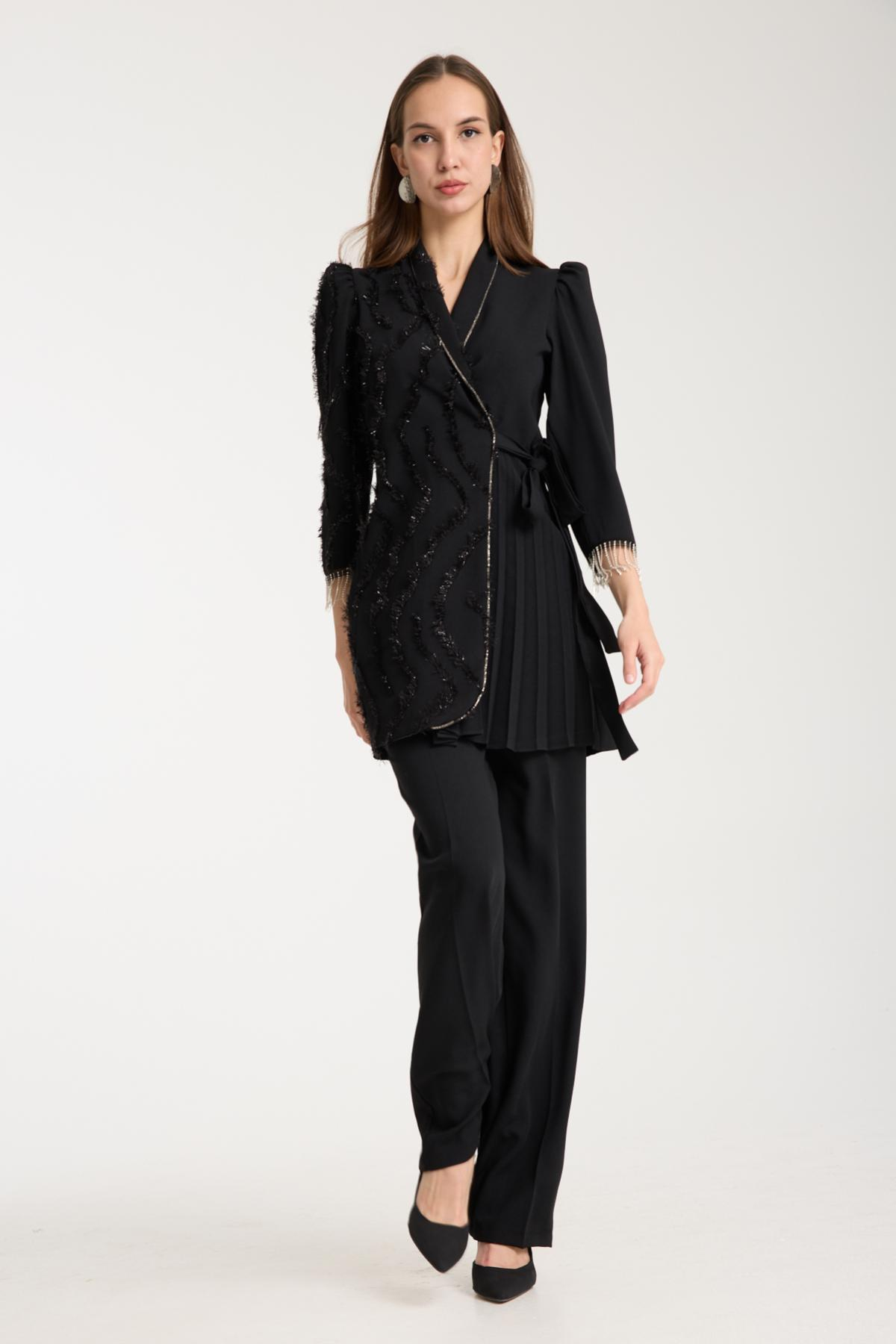 Wholesale Women Black Sparkly Two-Piece Suit 730238