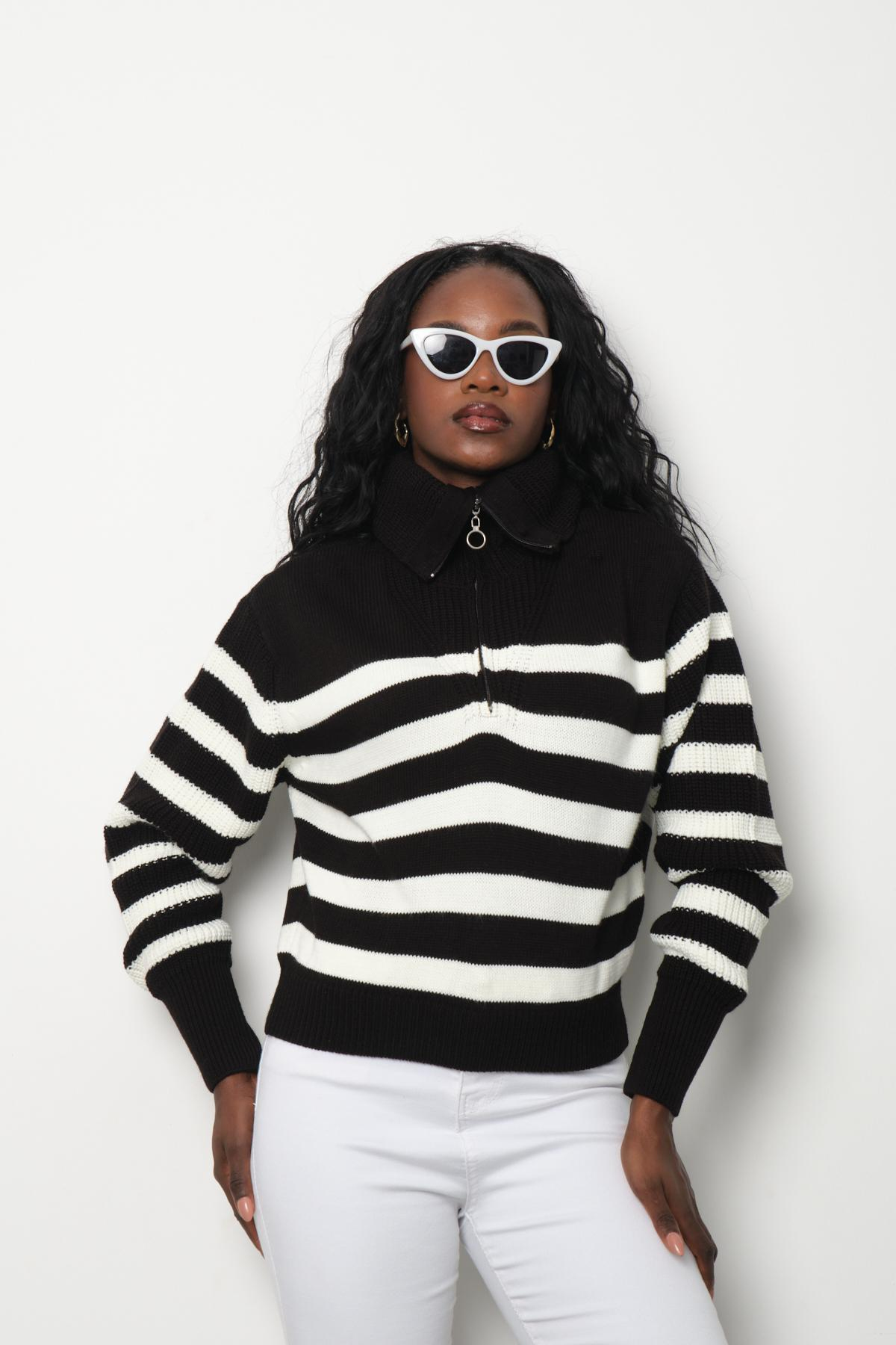 Wholesale Women Black Striped Zip Neck Knit Blouse 713312