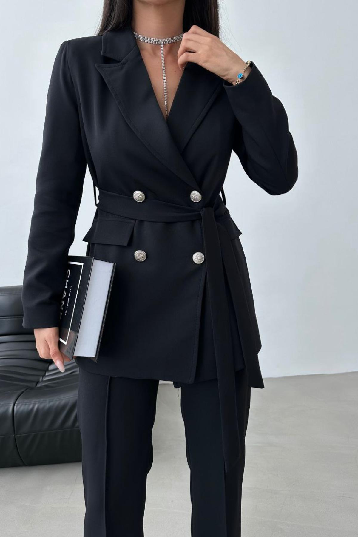 Wholesale Women Black Two Piece Button Detail Suit Blazer and Trouser Set 728493