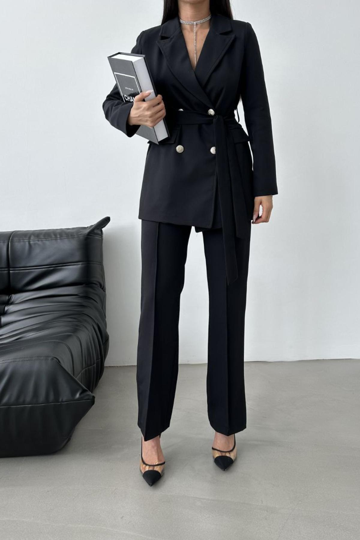 Wholesale Women Black Two Piece Button Detail Suit Blazer and Trouser Set 728493
