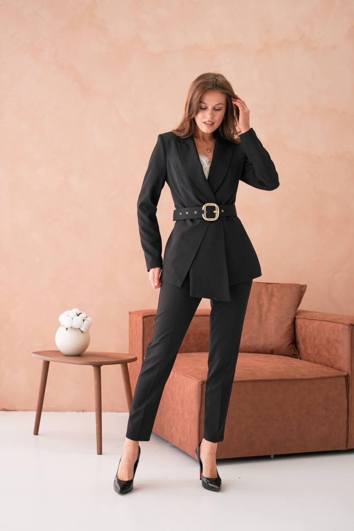Wholesale Women Black Two Piece Suit - Blazer and Pants Set 733528