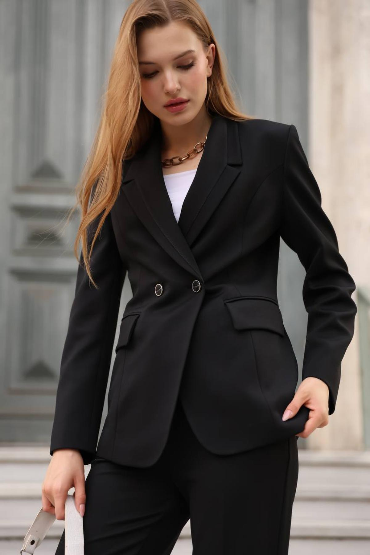 Wholesale Women Black Two Piece Suit Blazer and Pants Set 718310