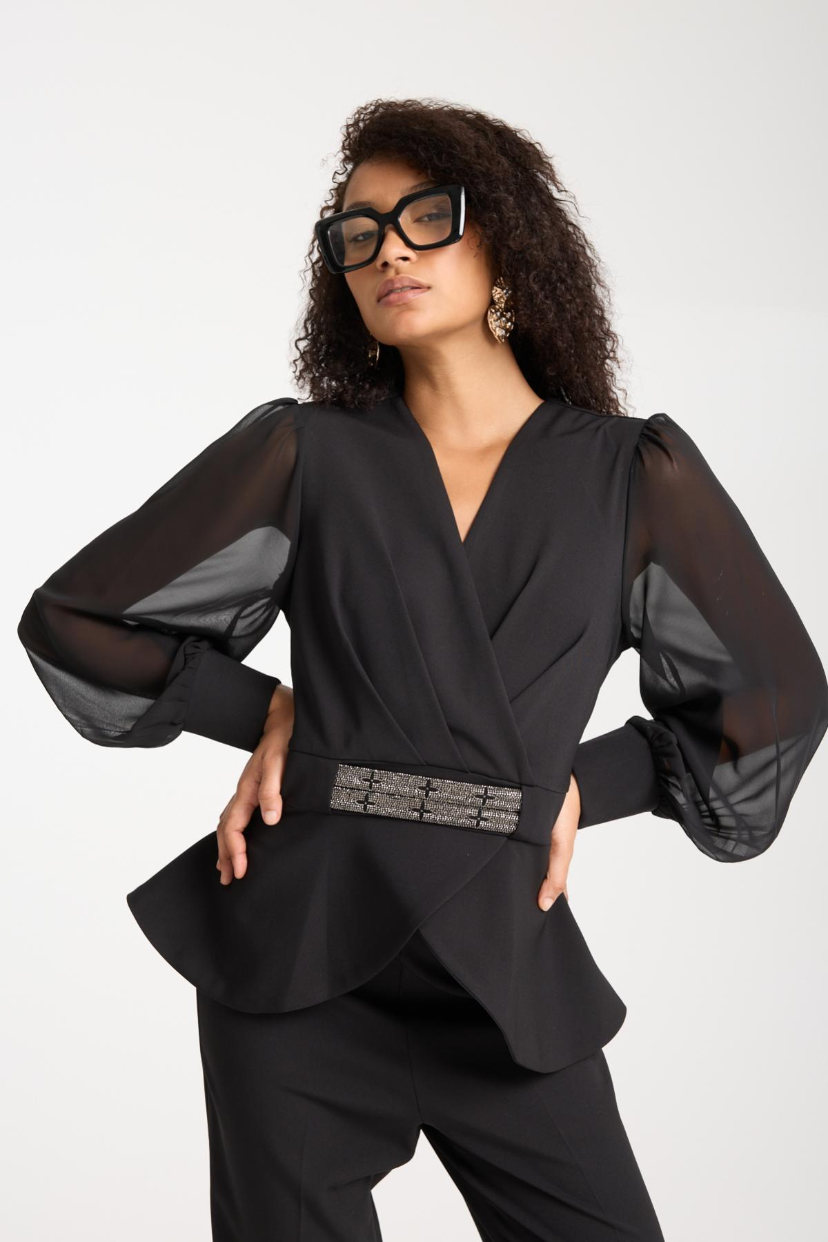 Wholesale Women Black Two-Piece Suit - Chiffon Sleeves Wrap Blazer with Rhinestone-Embellished Belt and Straight Pants Set 729243
