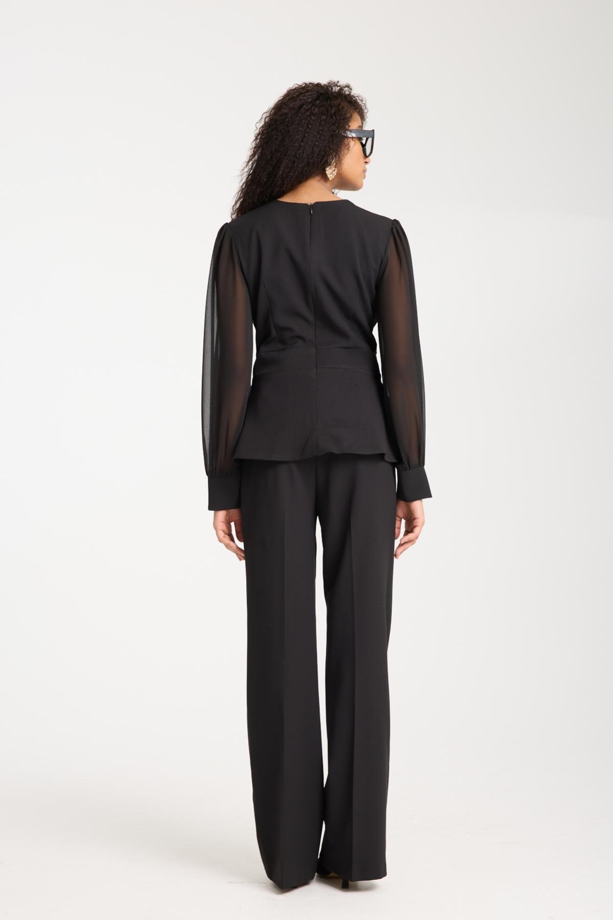 Wholesale Women Black Two-Piece Suit - Chiffon Sleeves Wrap Blazer with Rhinestone-Embellished Belt and Straight Pants Set 729243