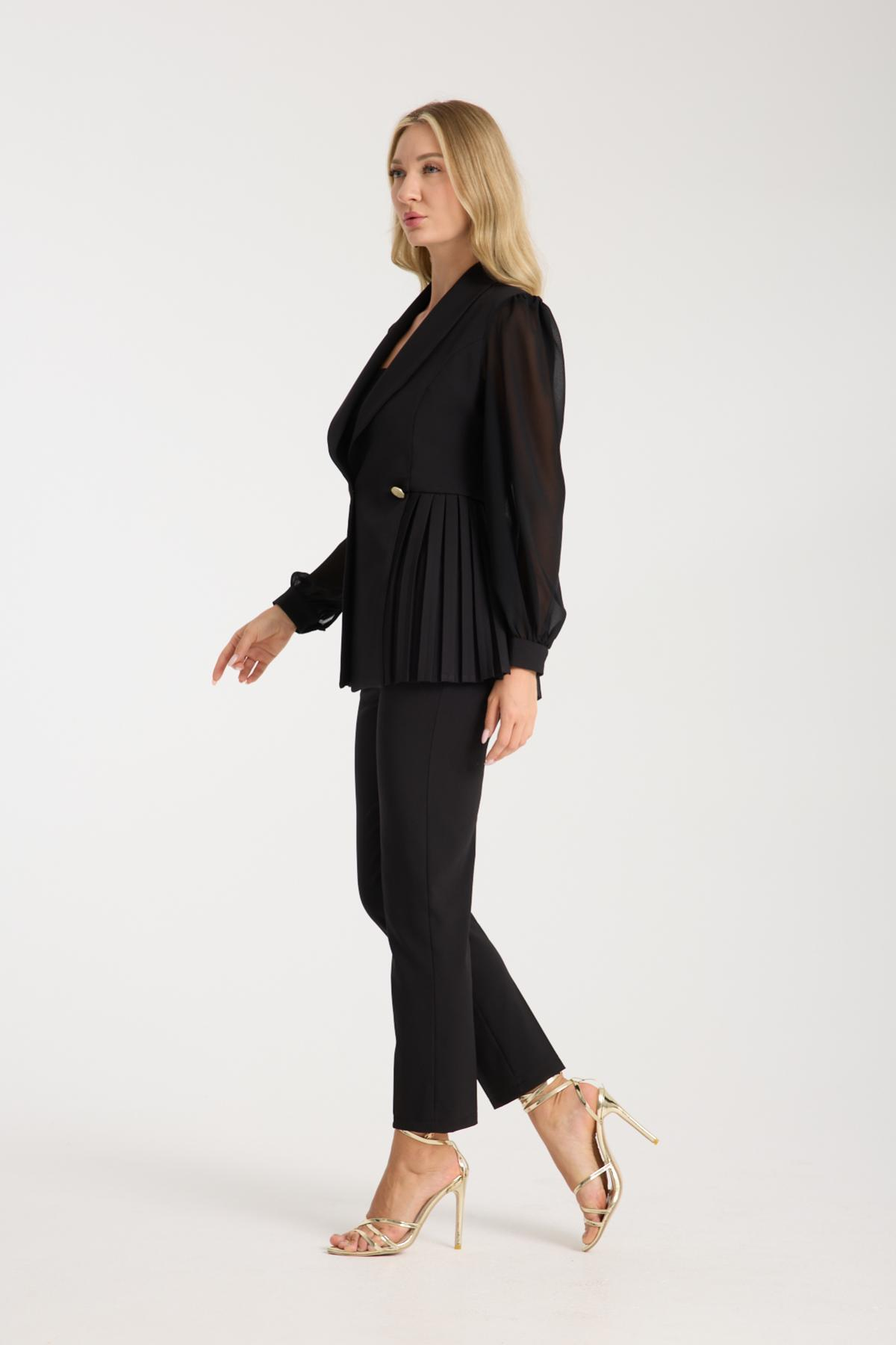 Wholesale Women Black Two Piece Suit - Chiffon Sleeves Jacket and Pants Set 729476
