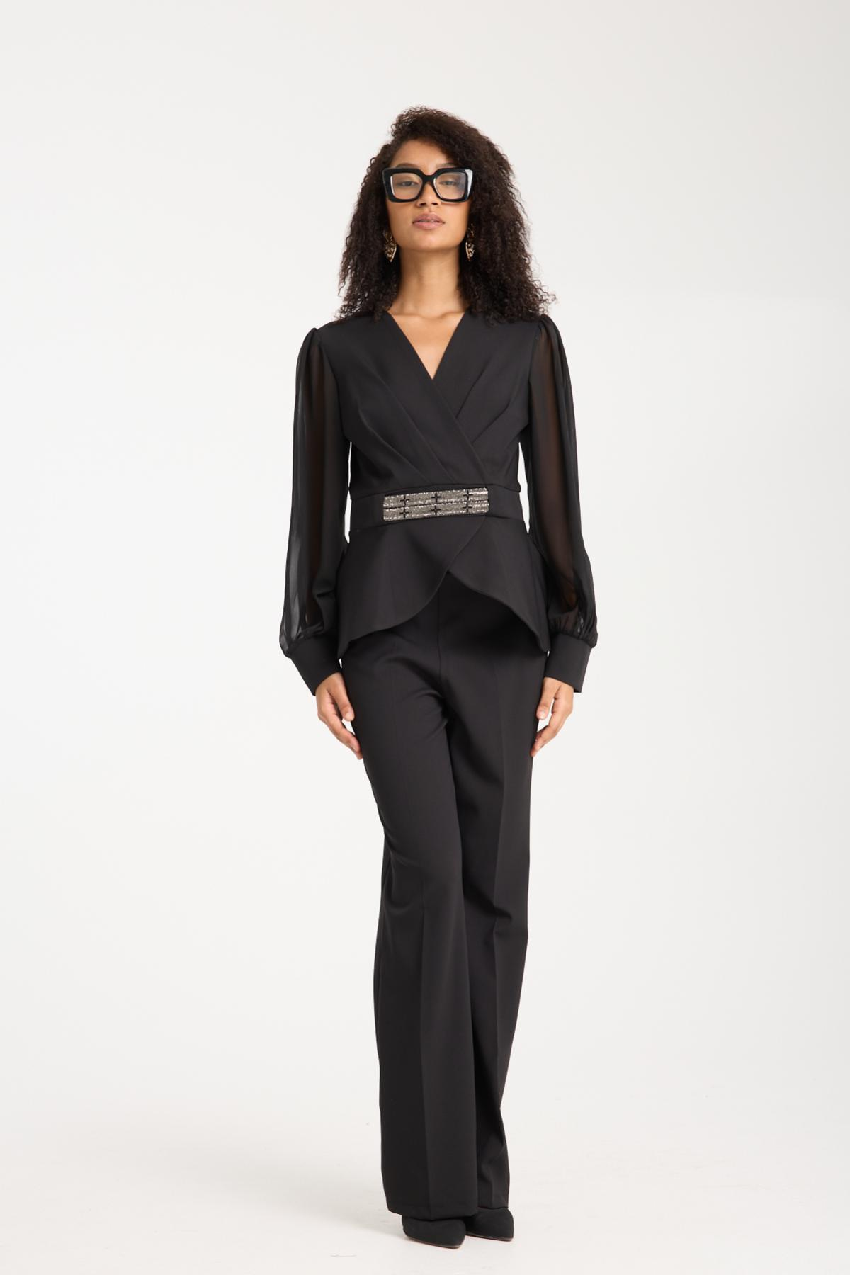 Wholesale Women Black Two-Piece Suit - Chiffon Sleeves Wrap Blazer with Rhinestone-Embellished Belt and Straight Pants Set 729243