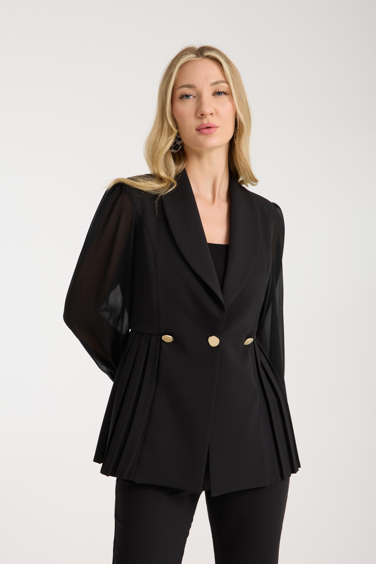 Wholesale Women Black Two Piece Suit - Chiffon Sleeves Jacket and Pants Set 729476