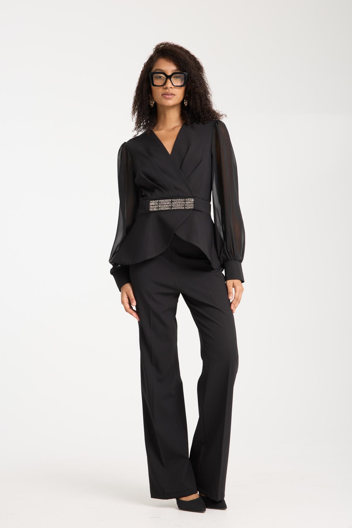 Wholesale Women Black Two-Piece Suit - Chiffon Sleeves Wrap Blazer with Rhinestone-Embellished Belt and Straight Pants Set 729243