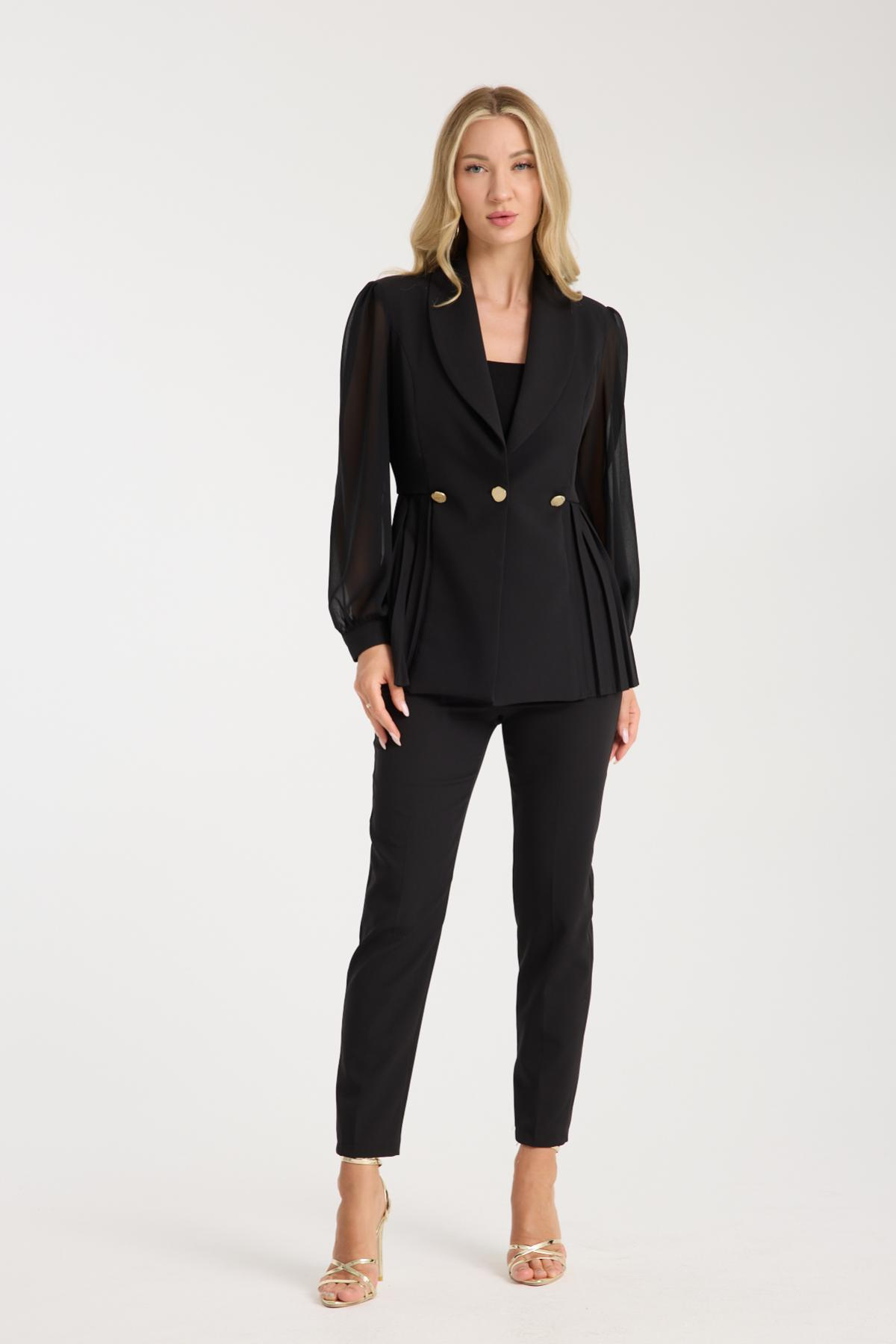Wholesale Women Black Two Piece Suit - Chiffon Sleeves Jacket and Pants Set 729476