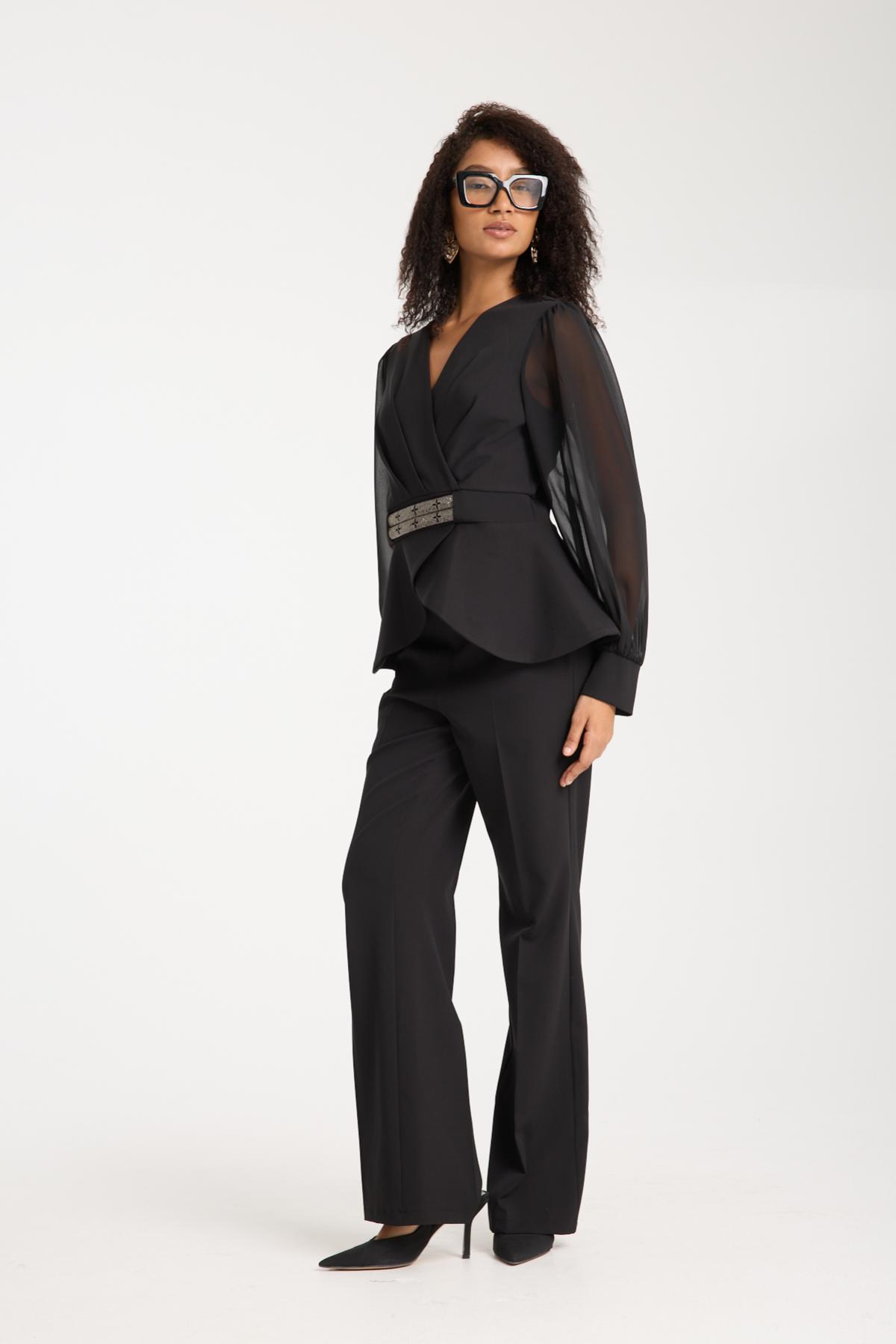Wholesale Women Black Two-Piece Suit - Chiffon Sleeves Wrap Blazer with Rhinestone-Embellished Belt and Straight Pants Set 729243