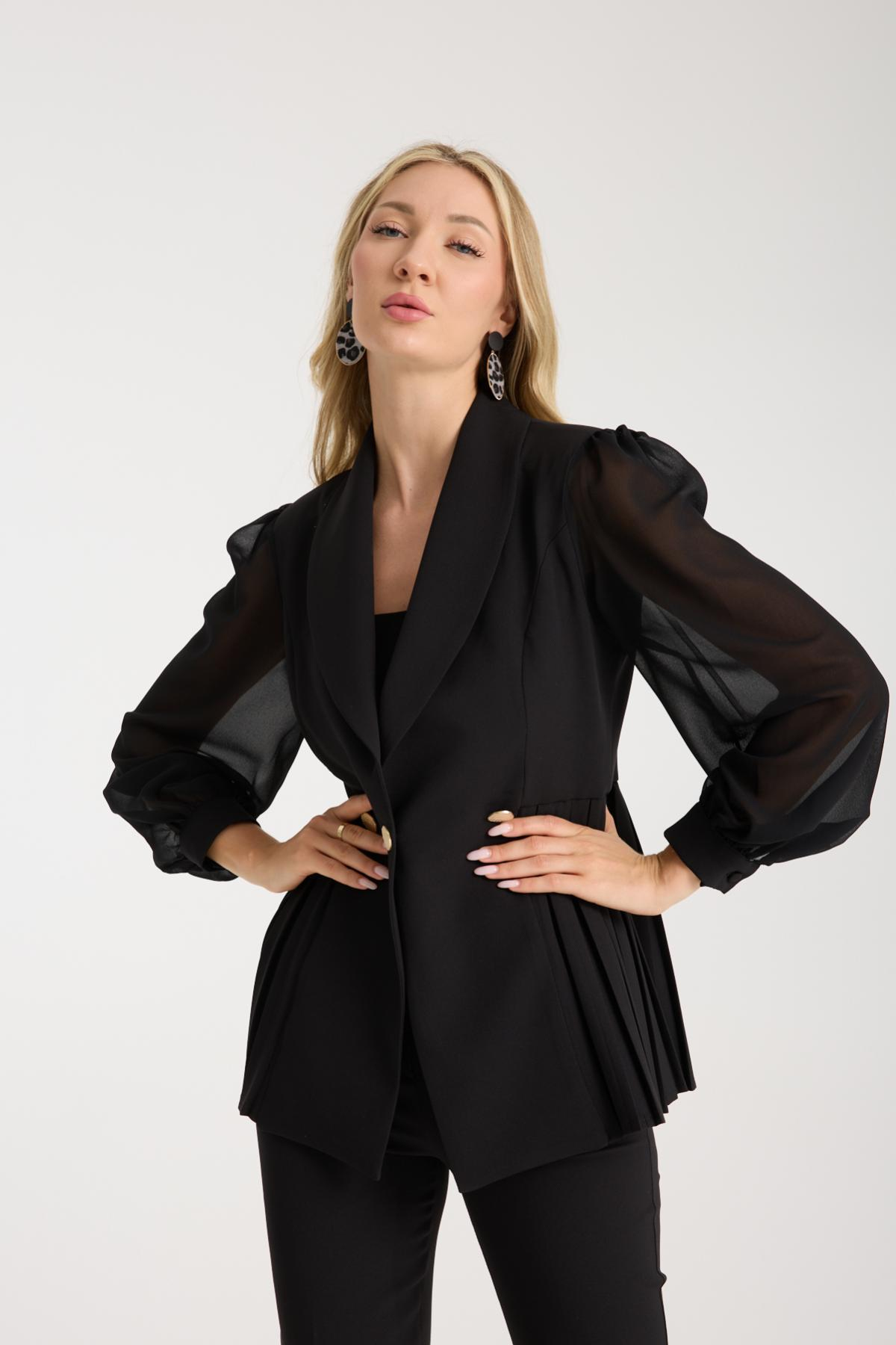 Wholesale Women Black Two Piece Suit - Chiffon Sleeves Jacket and Pants Set 729476