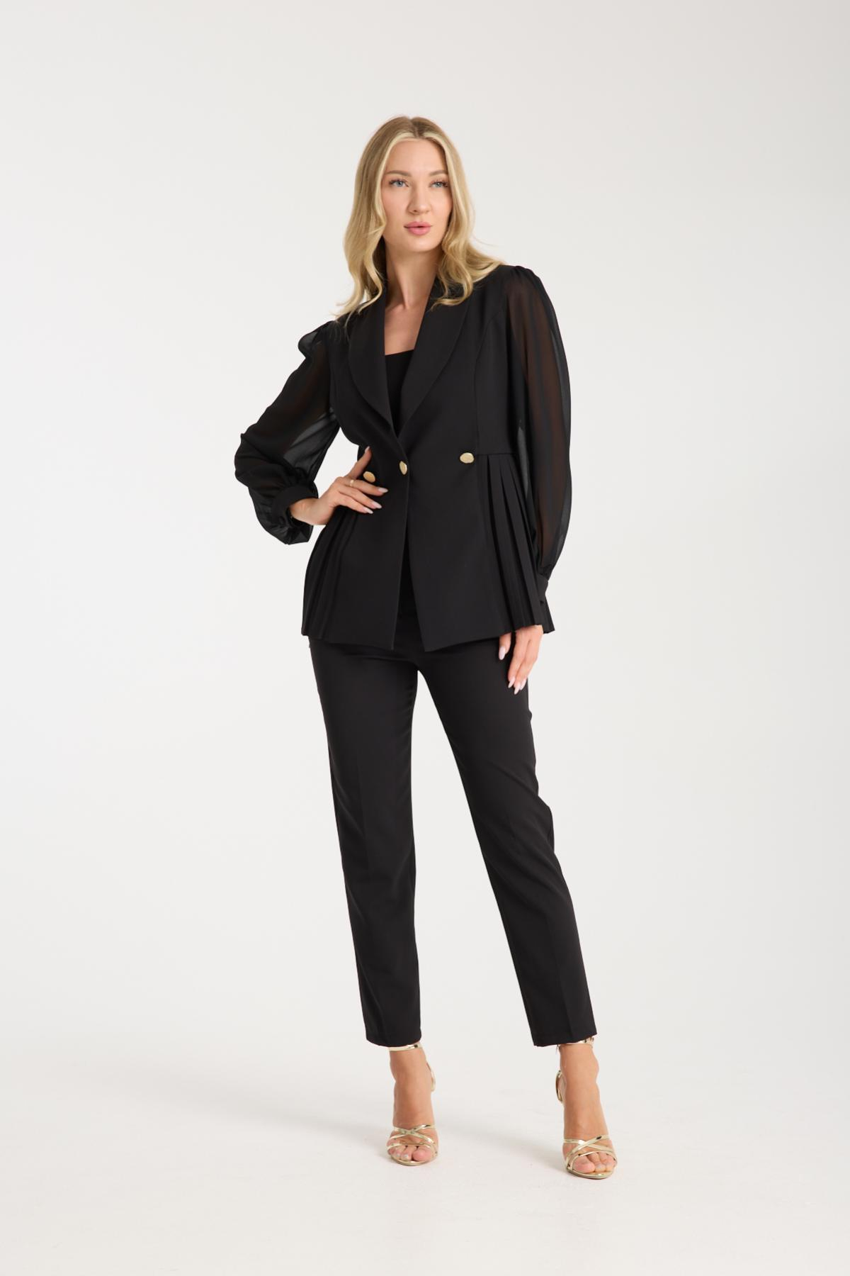 Wholesale Women Black Two Piece Suit - Chiffon Sleeves Jacket and Pants Set 729476