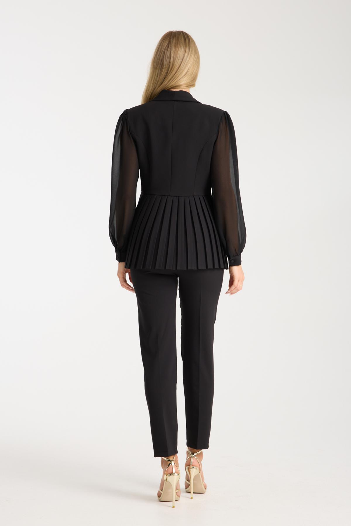 Wholesale Women Black Two Piece Suit - Chiffon Sleeves Jacket and Pants Set 729476