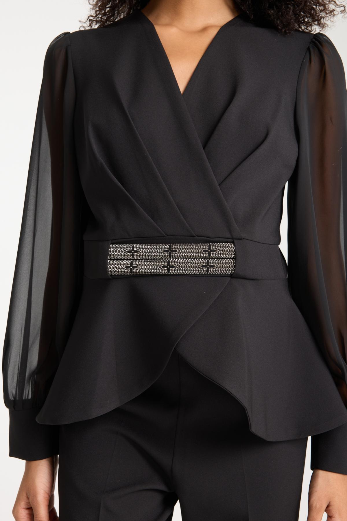 Wholesale Women Black Two-Piece Suit - Chiffon Sleeves Wrap Blazer with Rhinestone-Embellished Belt and Straight Pants Set 729243