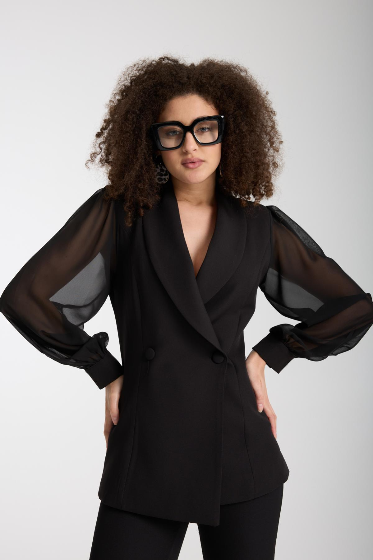 Wholesale Women Black Two-Piece Suit - Double Breasted Blazer with Chiffon Sleeves paired with Straight Pants 733395