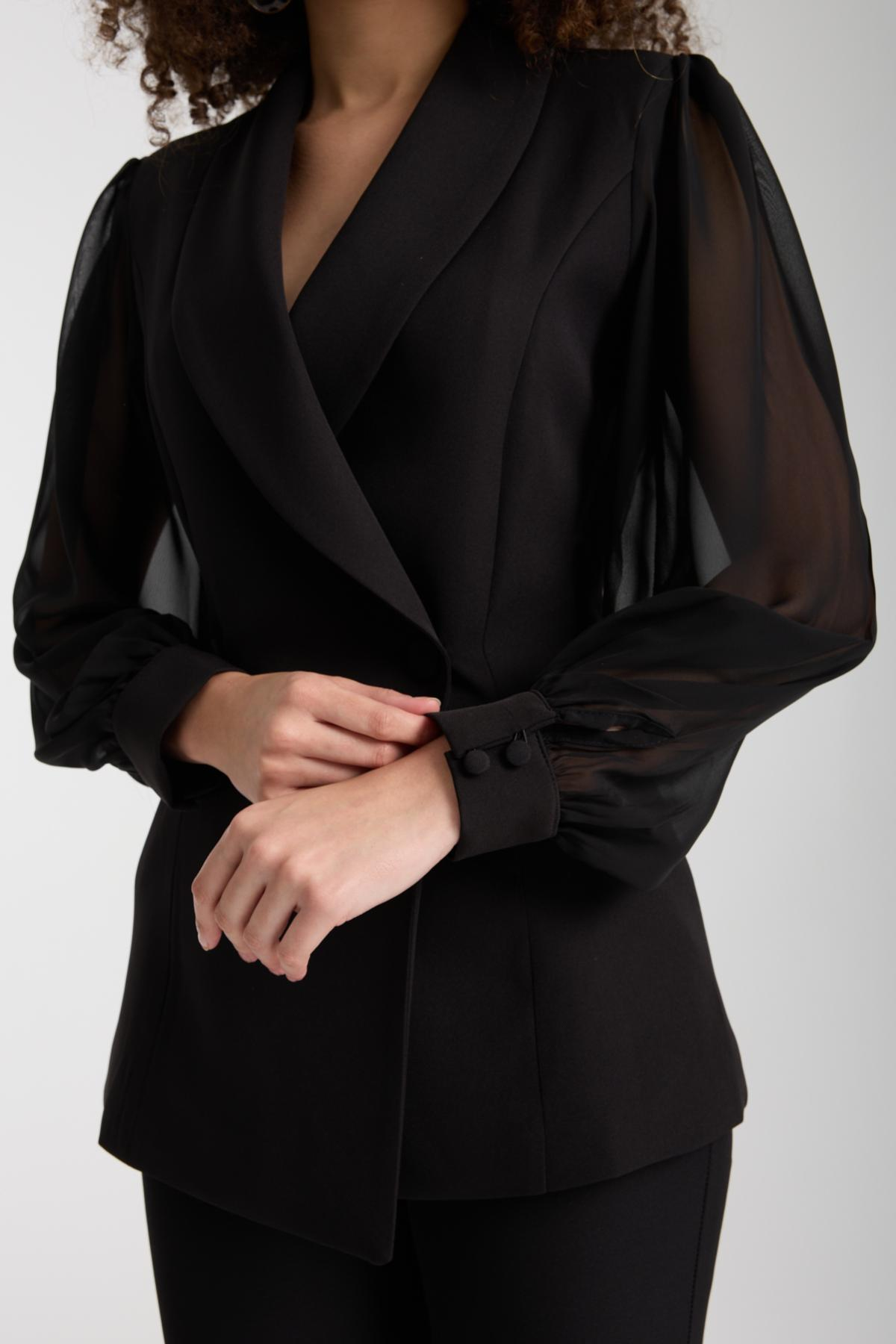 Wholesale Women Black Two-Piece Suit - Double Breasted Blazer with Chiffon Sleeves paired with Straight Pants 733395