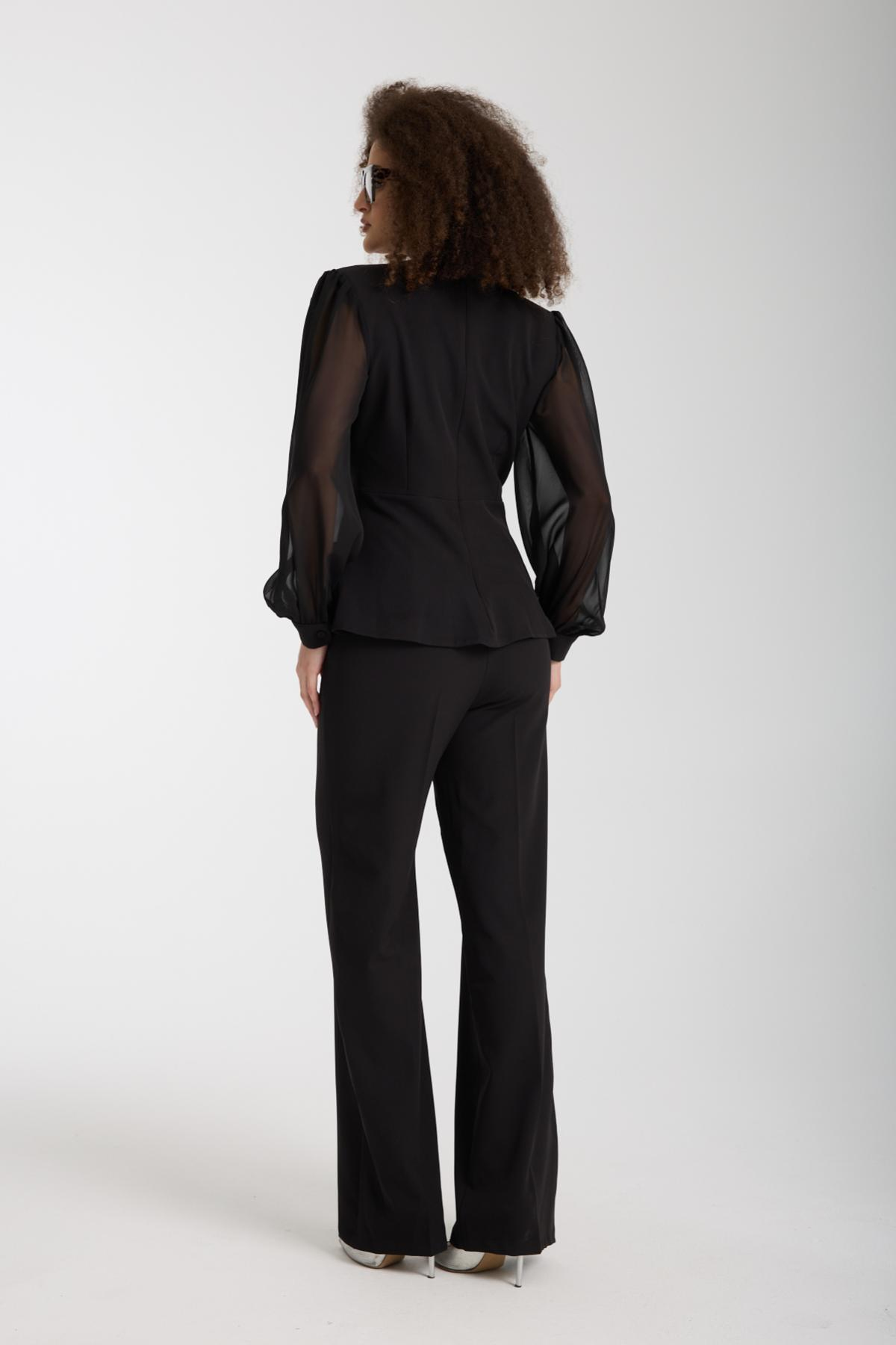 Wholesale Women Black Two-Piece Suit - Double Collar Blazer with Chiffon Sleeves paired with Wide Trousers 733378