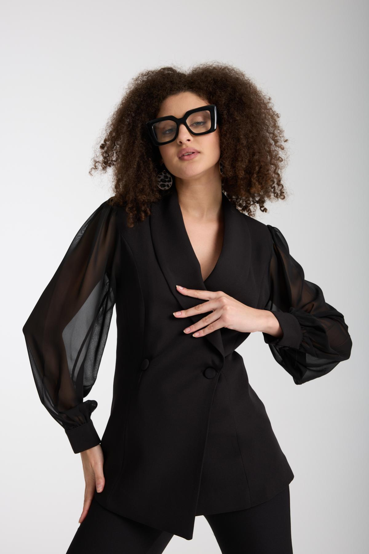 Wholesale Women Black Two-Piece Suit - Double Breasted Blazer with Chiffon Sleeves paired with Straight Pants 733395