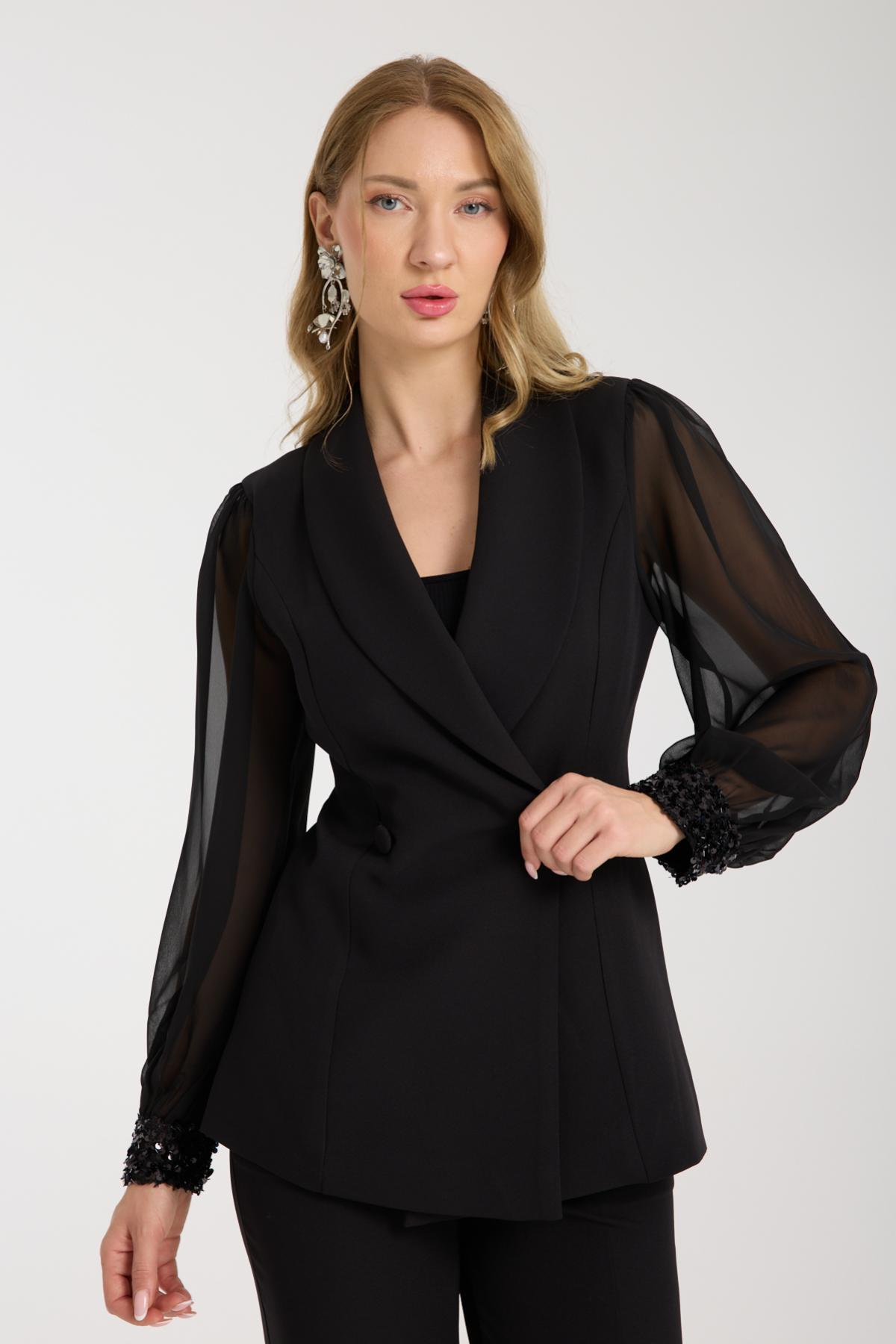 Wholesale Women Black Two-Piece Suit - Double Breasted Blazer with Chiffon Sleeves and Straight Pants Set 733396