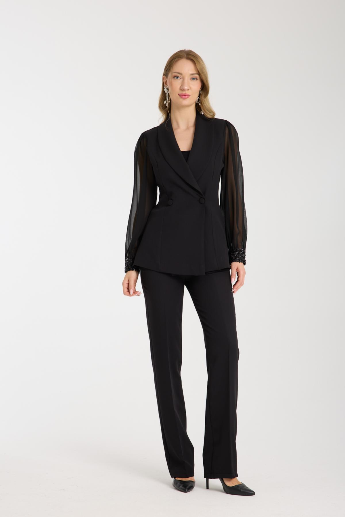 Wholesale Women Black Two-Piece Suit - Double Breasted Blazer with Chiffon Sleeves and Straight Pants Set 733396