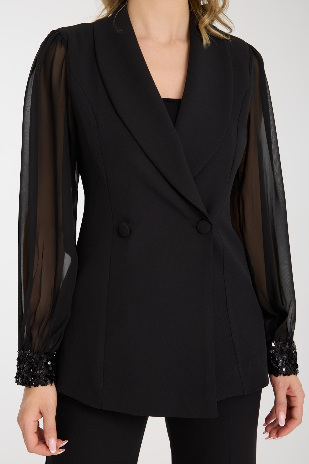 Wholesale Women Black Two-Piece Suit - Double Breasted Blazer with Chiffon Sleeves and Straight Pants Set 733396