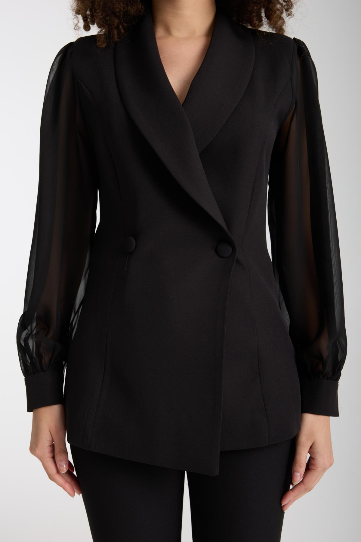 Wholesale Women Black Two-Piece Suit - Double Breasted Blazer with Chiffon Sleeves paired with Straight Pants 733395
