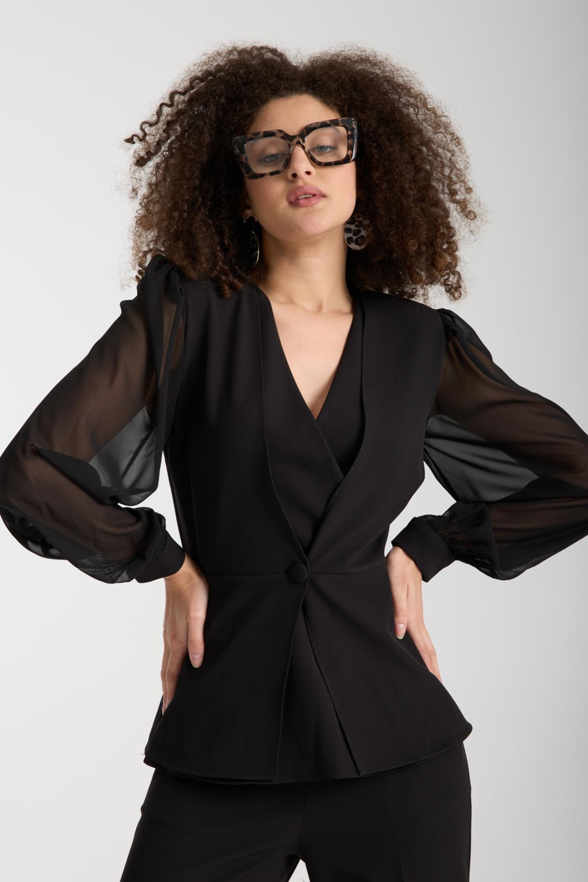 Wholesale Women Black Two-Piece Suit - Double Collar Blazer with Chiffon Sleeves paired with Wide Trousers 733378