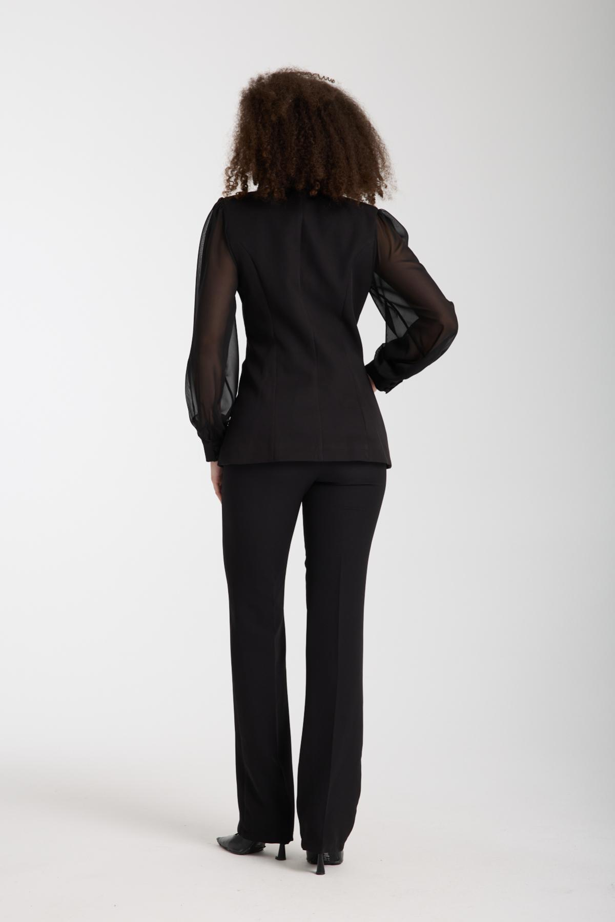 Wholesale Women Black Two-Piece Suit - Double Breasted Blazer with Chiffon Sleeves paired with Straight Pants 733395