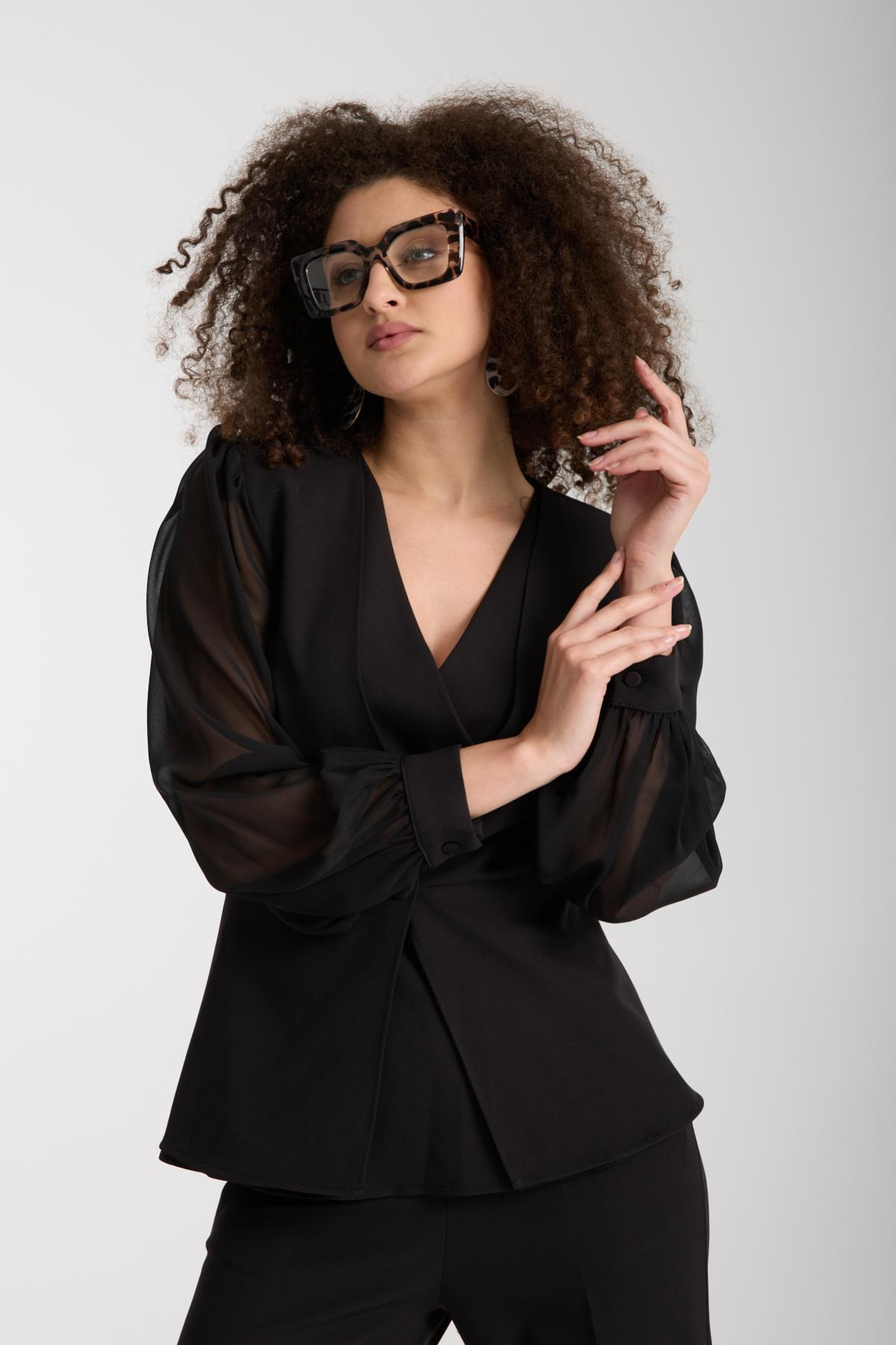 Wholesale Women Black Two-Piece Suit - Double Collar Blazer with Chiffon Sleeves paired with Wide Trousers 733378