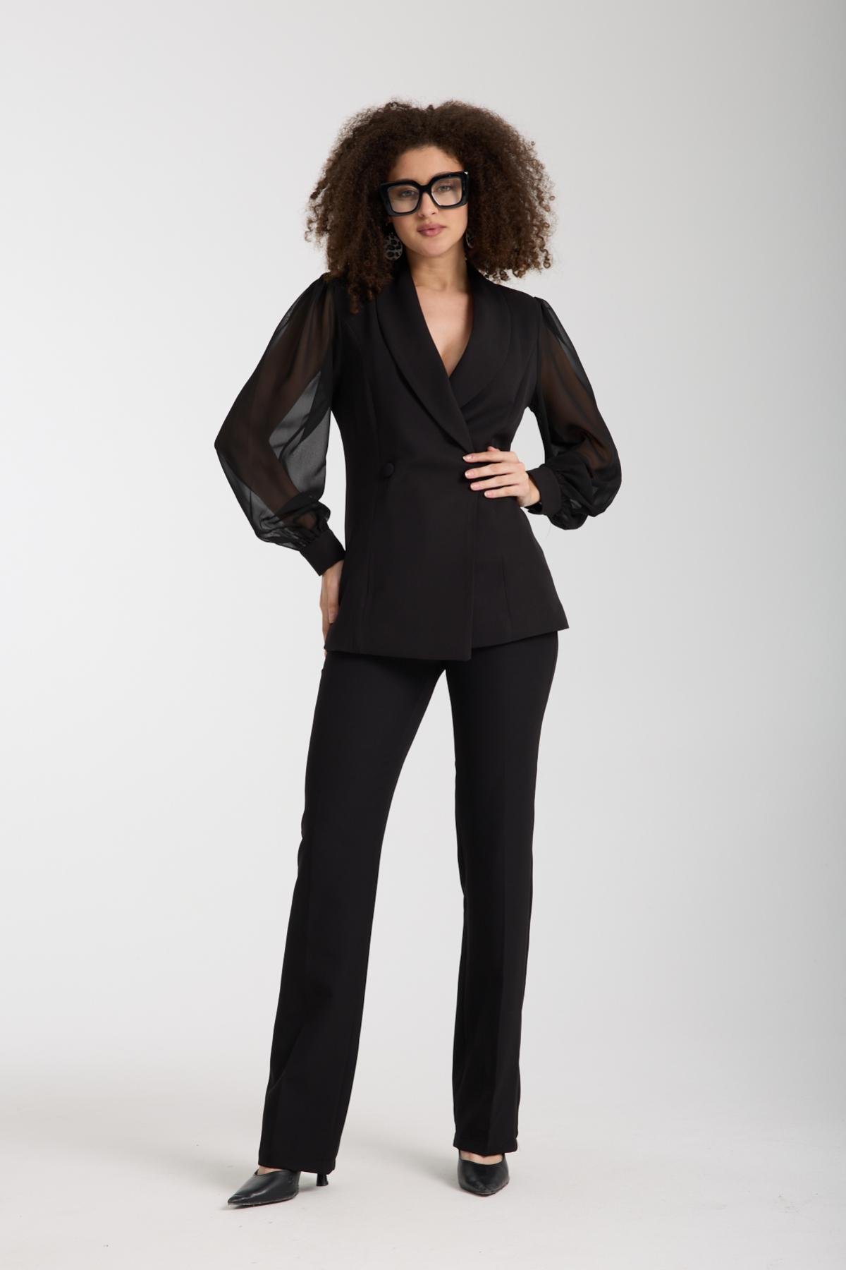 Wholesale Women Black Two-Piece Suit - Double Breasted Blazer with Chiffon Sleeves paired with Straight Pants 733395