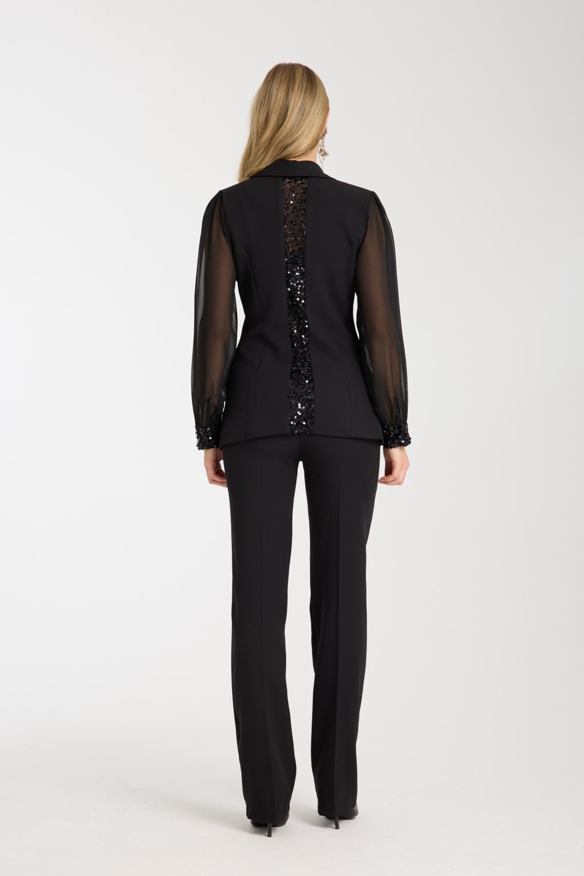 Wholesale Women Black Two-Piece Suit - Double Breasted Blazer with Chiffon Sleeves and Straight Pants Set 733396