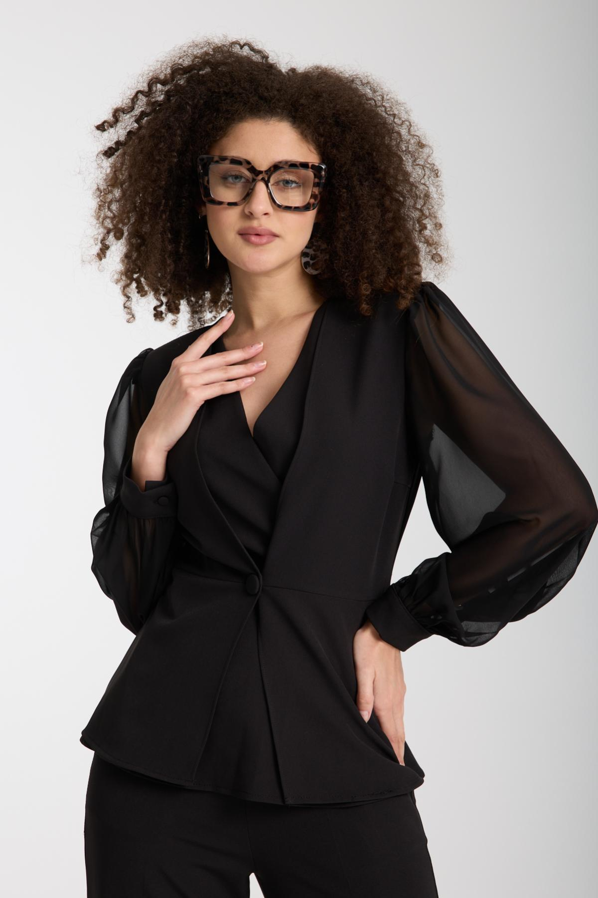 Wholesale Women Black Two-Piece Suit - Double Collar Blazer with Chiffon Sleeves paired with Wide Trousers 733378