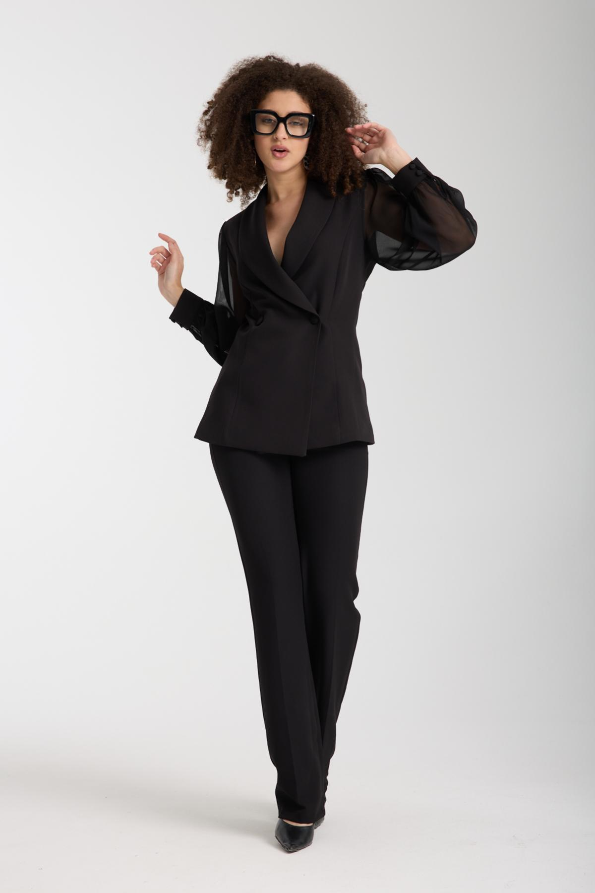 Wholesale Women Black Two-Piece Suit - Double Breasted Blazer with Chiffon Sleeves paired with Straight Pants 733395