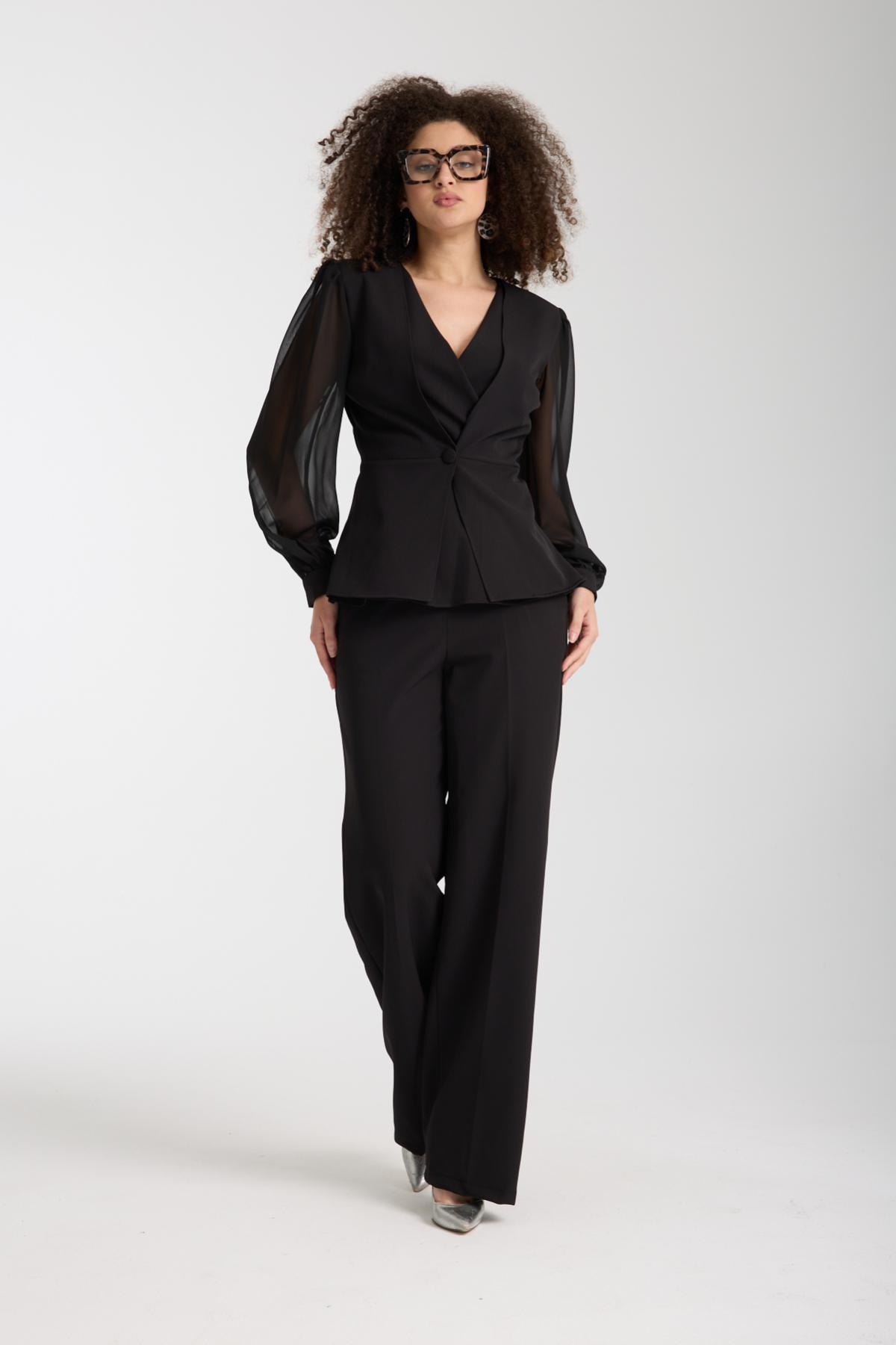 Wholesale Women Black Two-Piece Suit - Double Collar Blazer with Chiffon Sleeves paired with Wide Trousers 733378