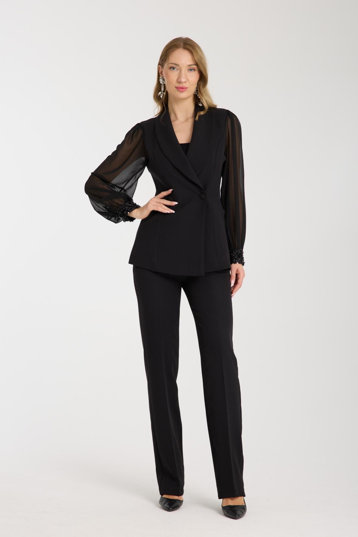 Wholesale Women Black Two-Piece Suit - Double Breasted Blazer with Chiffon Sleeves and Straight Pants Set 733396