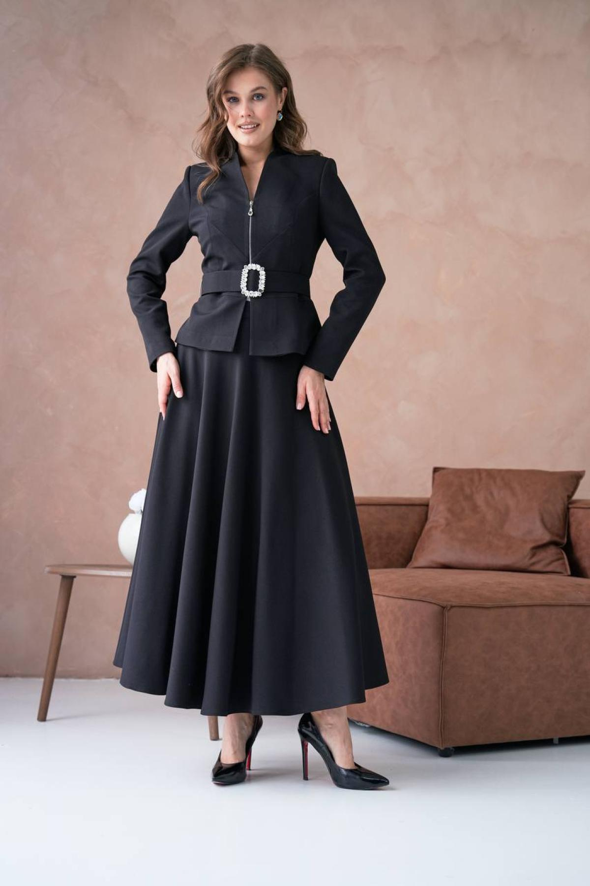 Wholesale Women Black Two Piece Suit Plus Size - Blazer and Skirt Set 721247