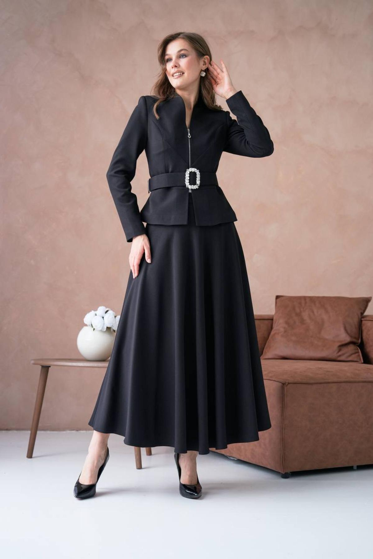 Wholesale Women Black Two Piece Suit Plus Size - Blazer and Skirt Set 721247